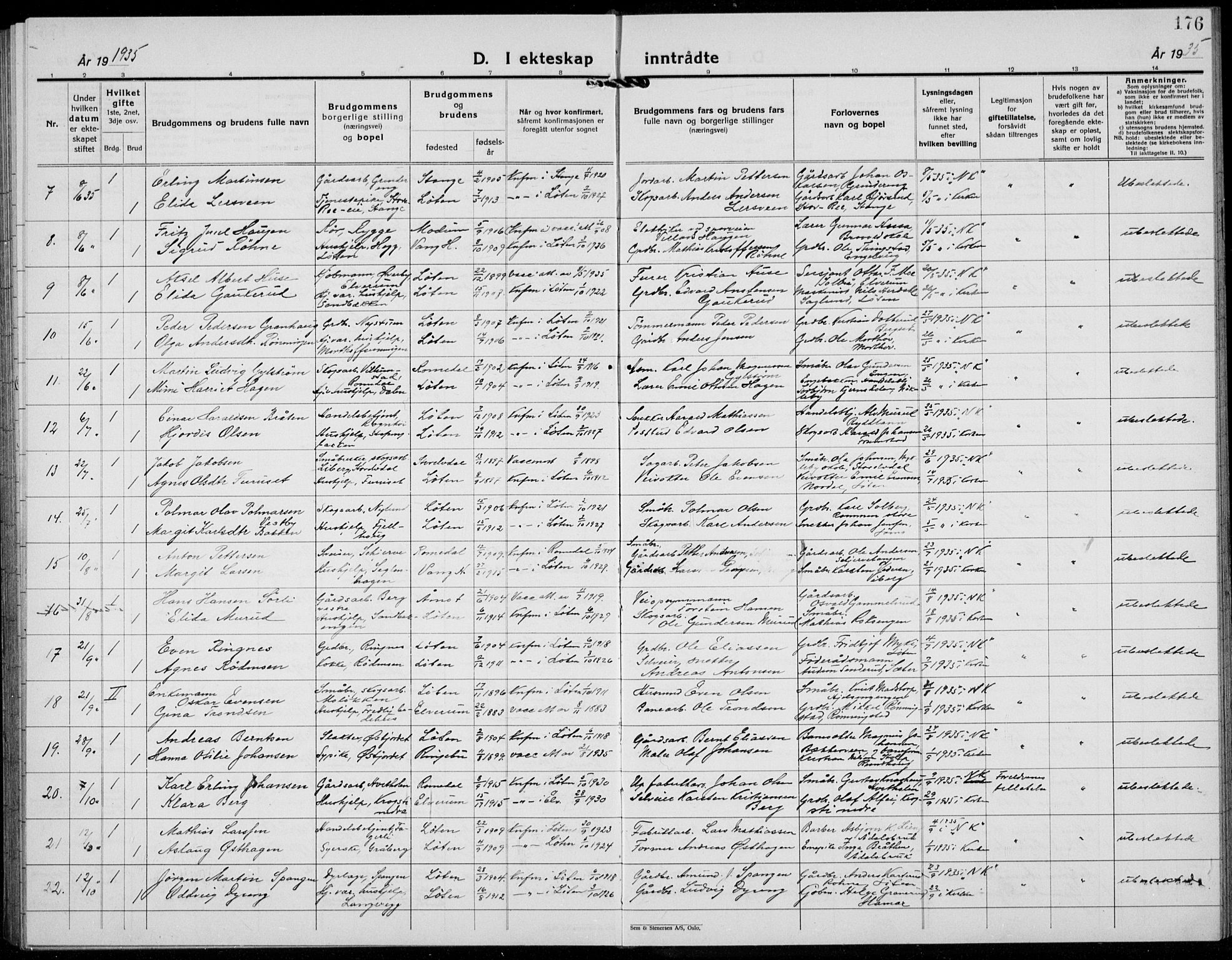 Løten prestekontor, AV/SAH-PREST-022/L/La/L0009: Parish register (copy) no. 9, 1930-1939, p. 176