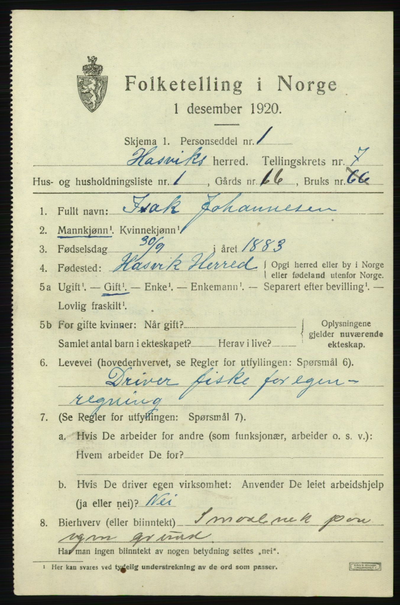 SATØ, 1920 census for Hasvik, 1920, p. 2887