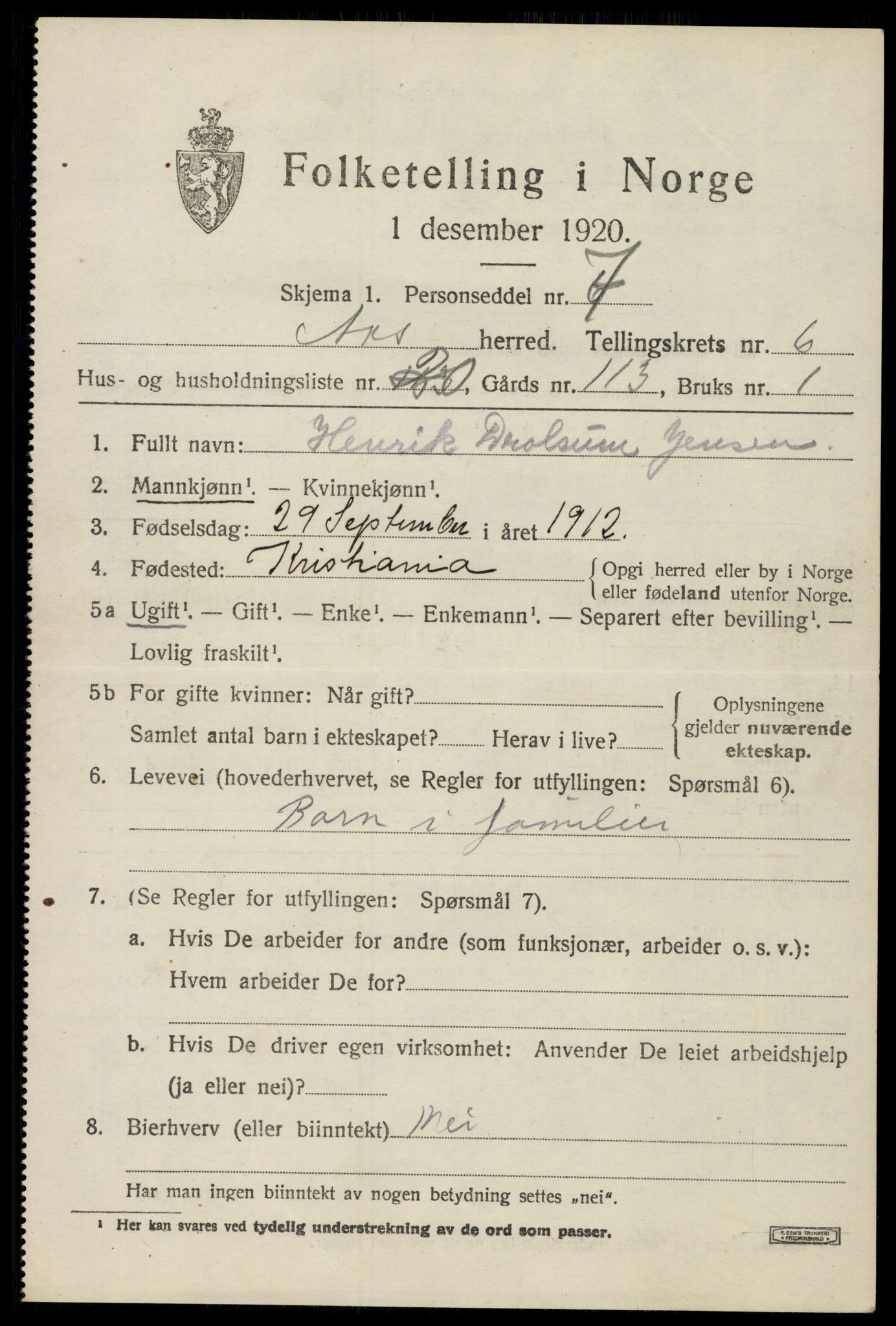 SAO, 1920 census for Ås, 1920, p. 7060