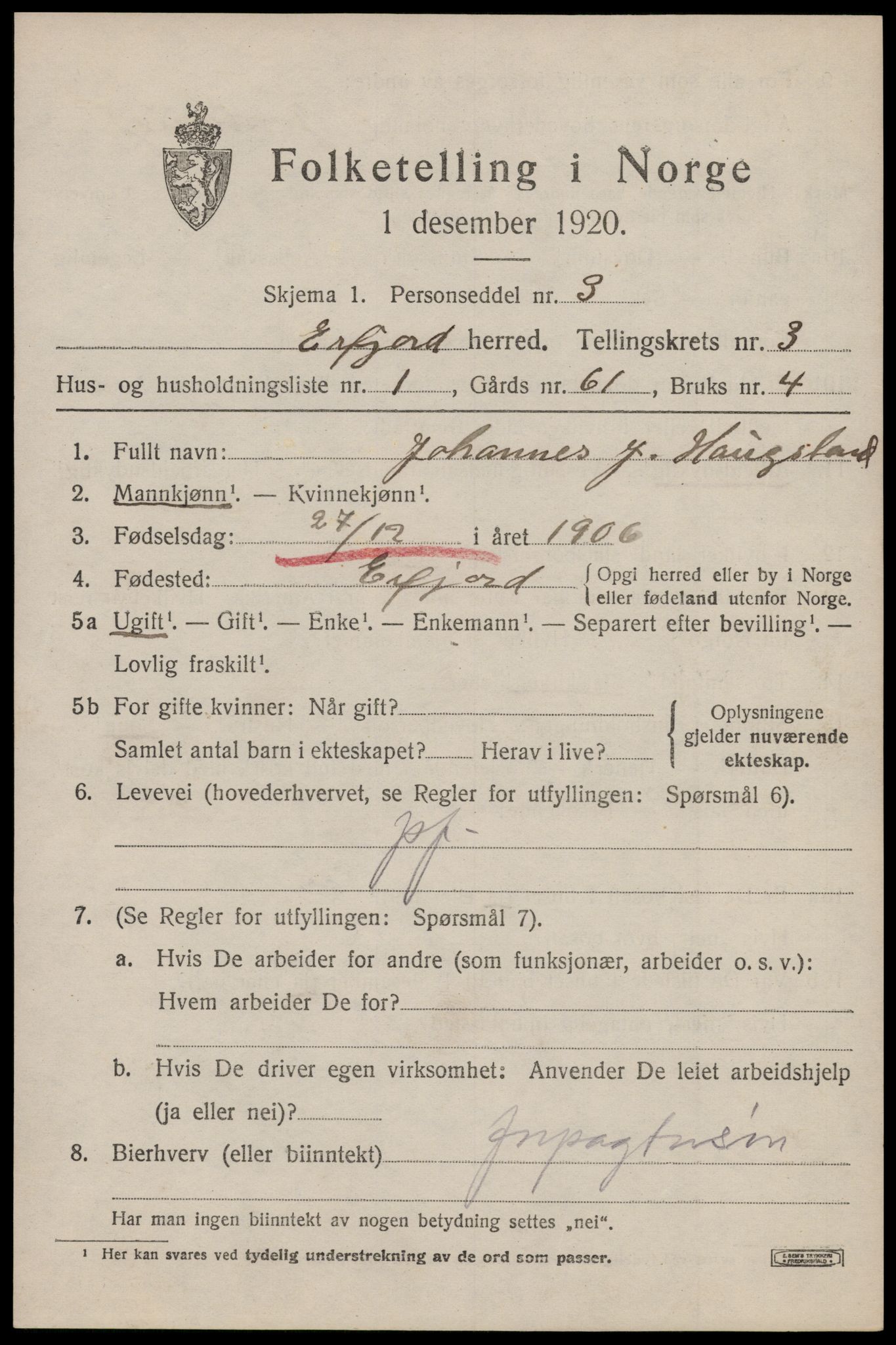 SAST, 1920 census for Erfjord, 1920, p. 959