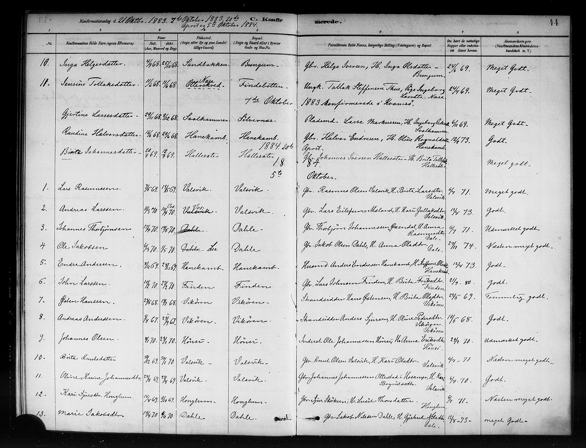 Vik sokneprestembete, AV/SAB-A-81501/H/Haa/Haac/L0001: Parish register (official) no. C 1, 1878-1890, p. 44