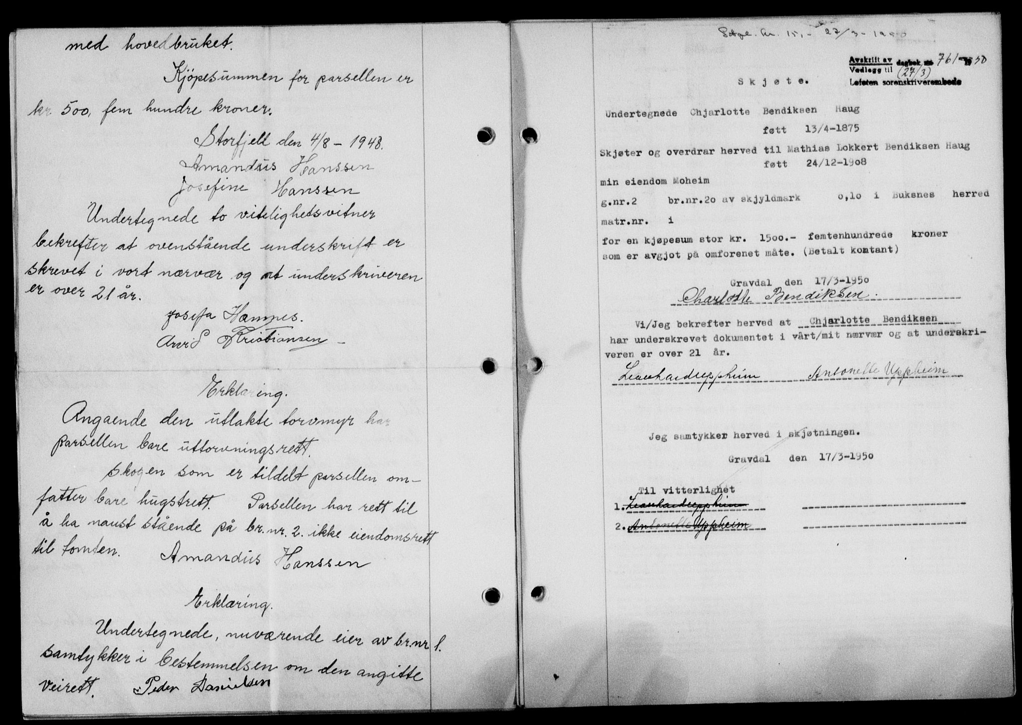 Lofoten sorenskriveri, SAT/A-0017/1/2/2C/L0023a: Mortgage book no. 23a, 1950-1950, Diary no: : 761/1950