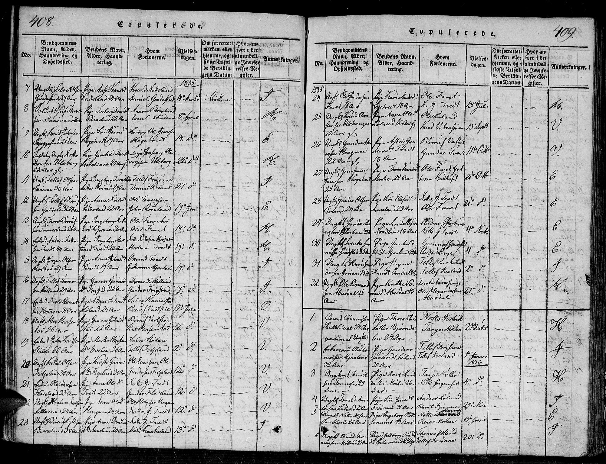 Evje sokneprestkontor, SAK/1111-0008/F/Fa/Faa/L0004: Parish register (official) no. A 4, 1816-1840, p. 408-409