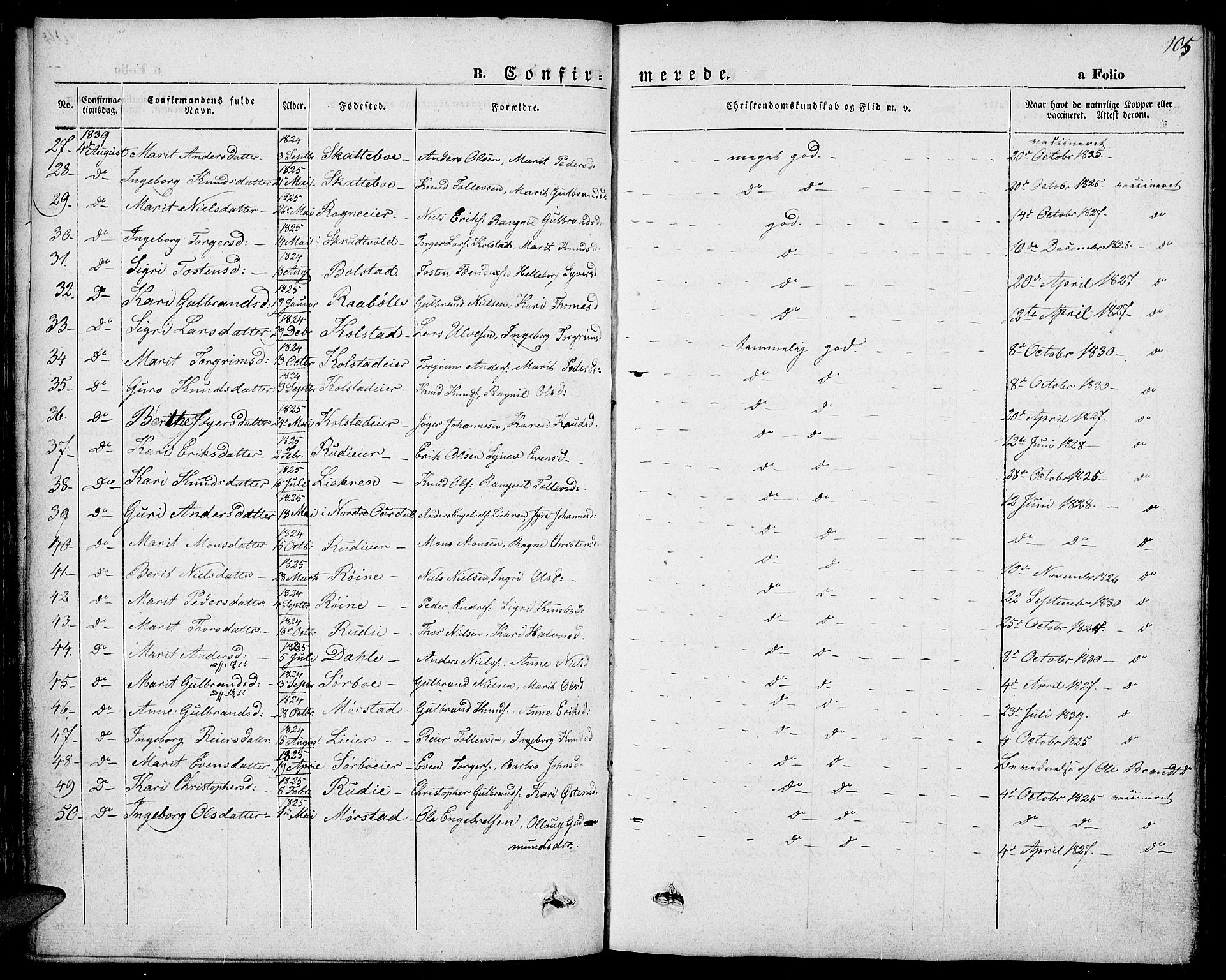 Slidre prestekontor, SAH/PREST-134/H/Ha/Haa/L0004: Parish register (official) no. 4, 1831-1848, p. 105