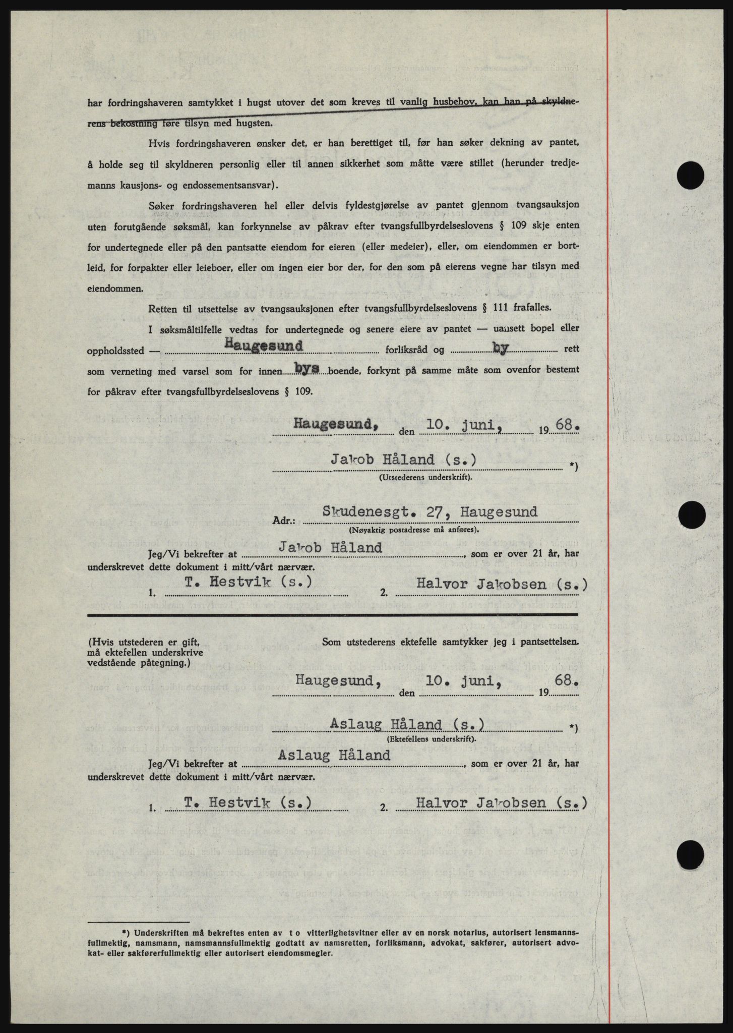 Haugesund tingrett, SAST/A-101415/01/II/IIC/L0058: Mortgage book no. B 58, 1967-1968, Diary no: : 1409/1968