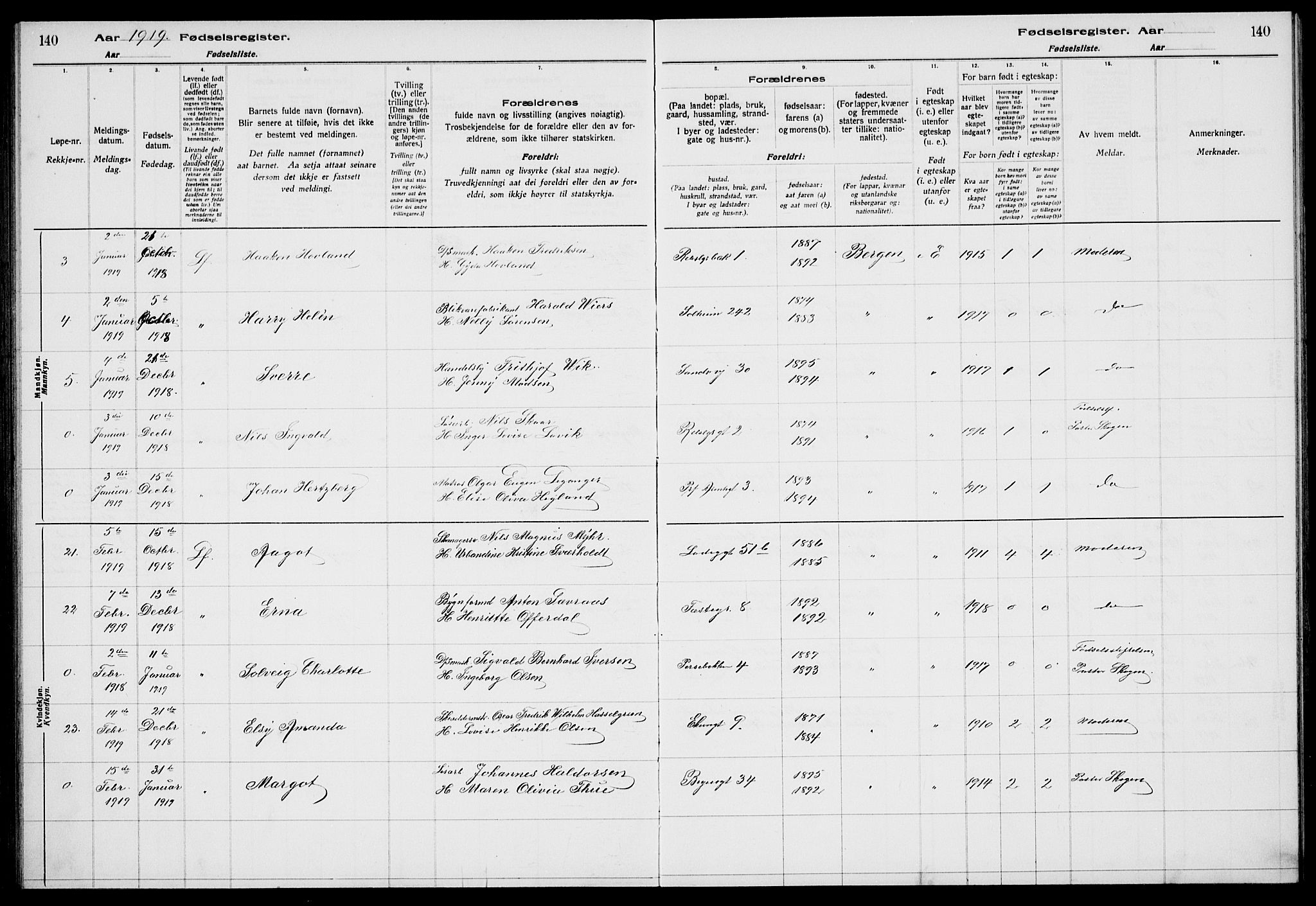 Sandviken Sokneprestembete, AV/SAB-A-77601/I/Ib/L00A1: Birth register no. A 1, 1915-1920, p. 140