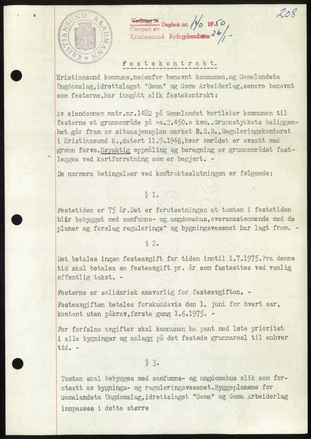 Kristiansund byfogd, AV/SAT-A-4587/A/27: Mortgage book no. 46, 1949-1950, Diary no: : 140/1950