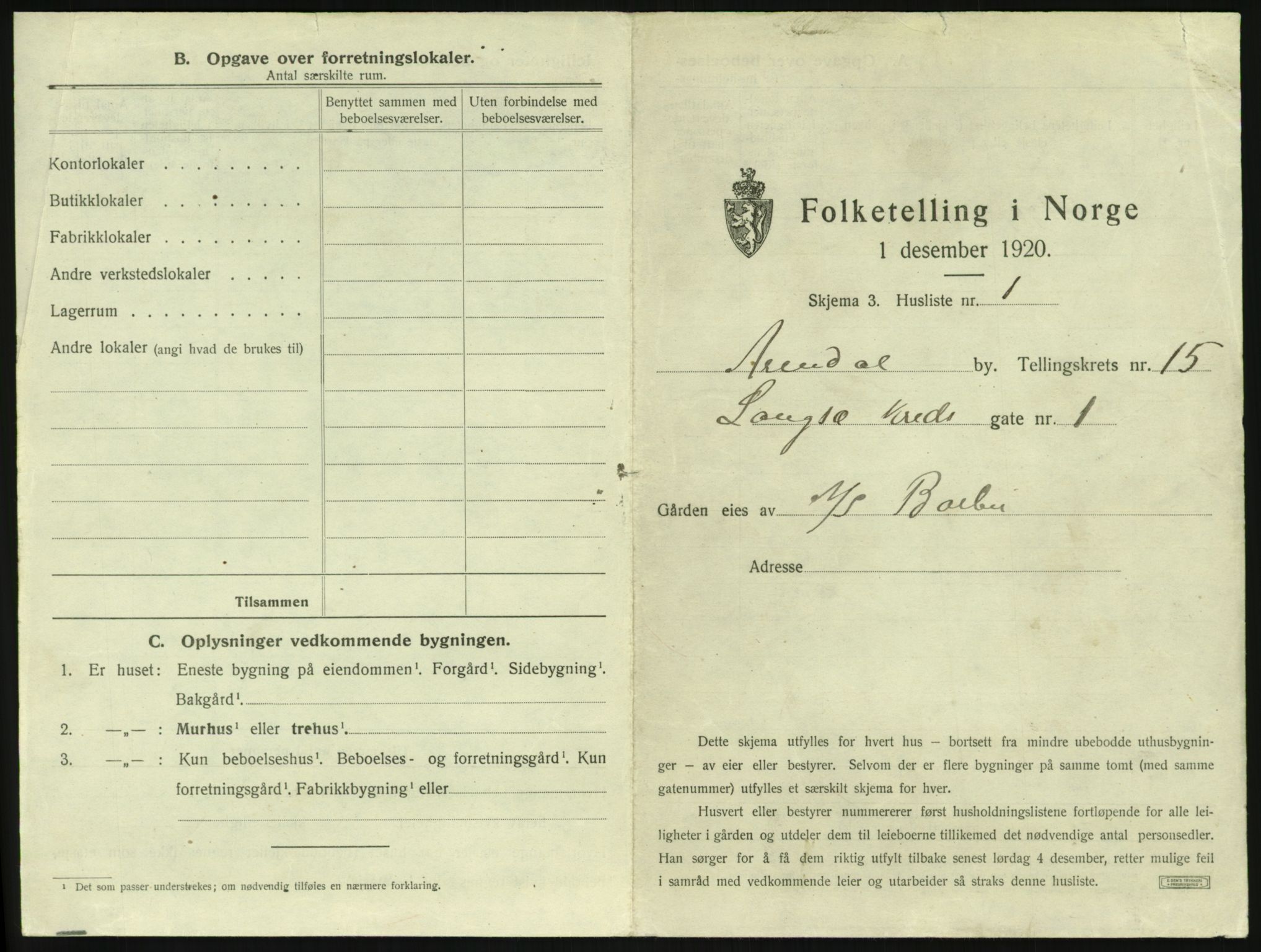 SAK, 1920 census for Arendal, 1920, p. 2178