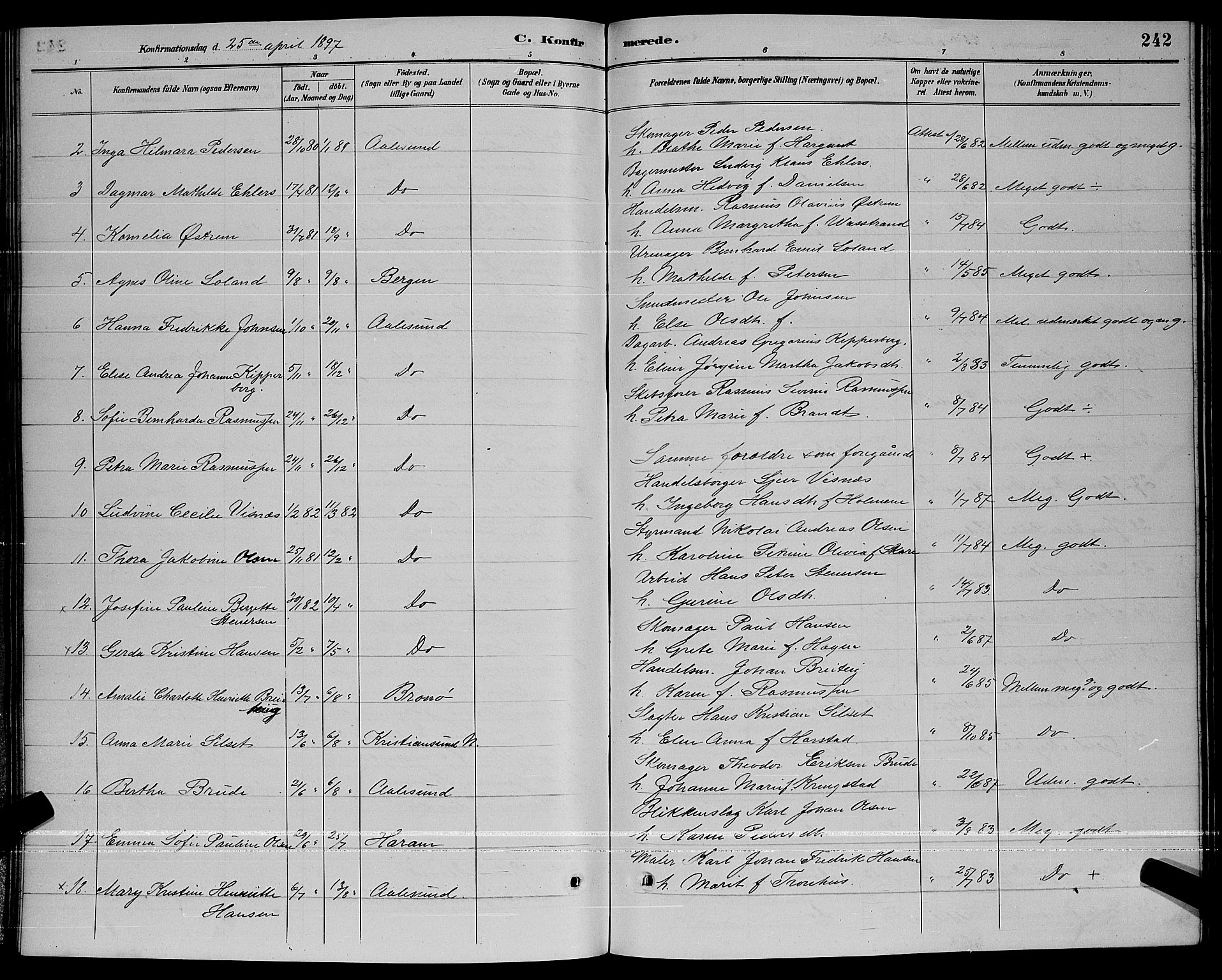 Ministerialprotokoller, klokkerbøker og fødselsregistre - Møre og Romsdal, AV/SAT-A-1454/529/L0467: Parish register (copy) no. 529C04, 1889-1897, p. 242