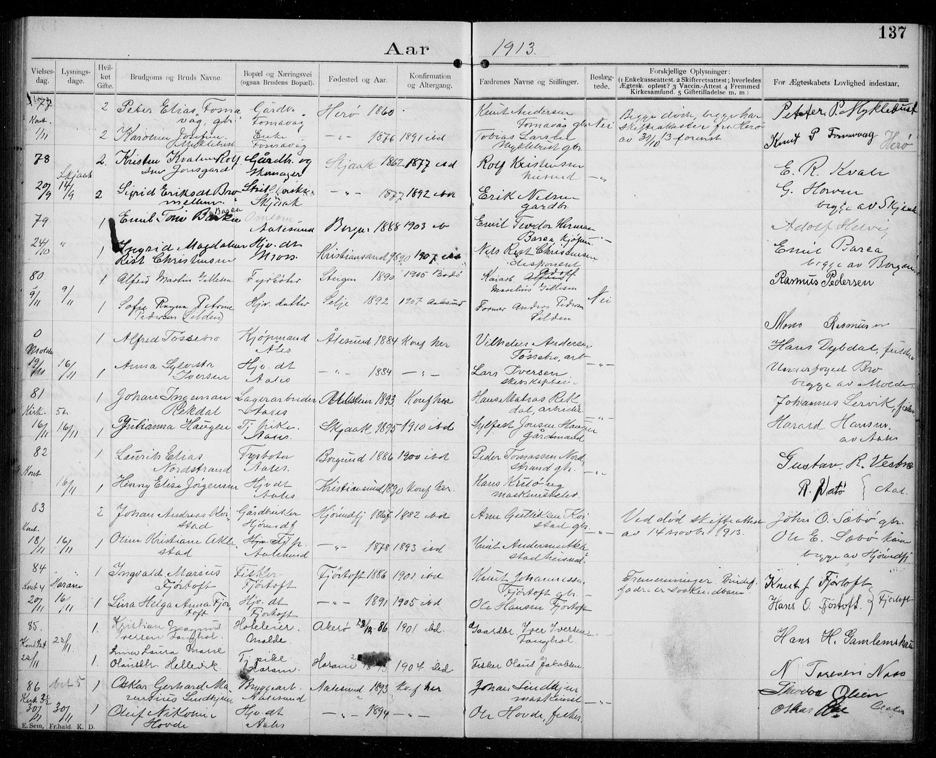 Ministerialprotokoller, klokkerbøker og fødselsregistre - Møre og Romsdal, AV/SAT-A-1454/529/L0458: Banns register no. 529A08, 1901-1918, p. 137