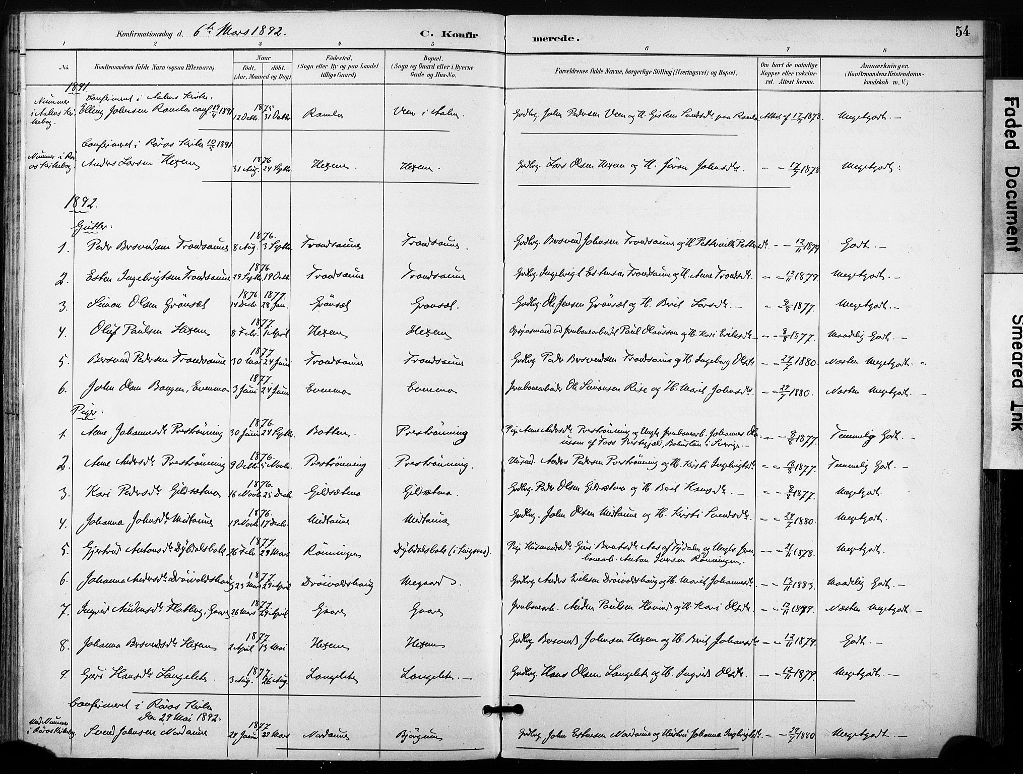 Ministerialprotokoller, klokkerbøker og fødselsregistre - Sør-Trøndelag, AV/SAT-A-1456/685/L0973: Parish register (official) no. 685A10, 1891-1907, p. 54