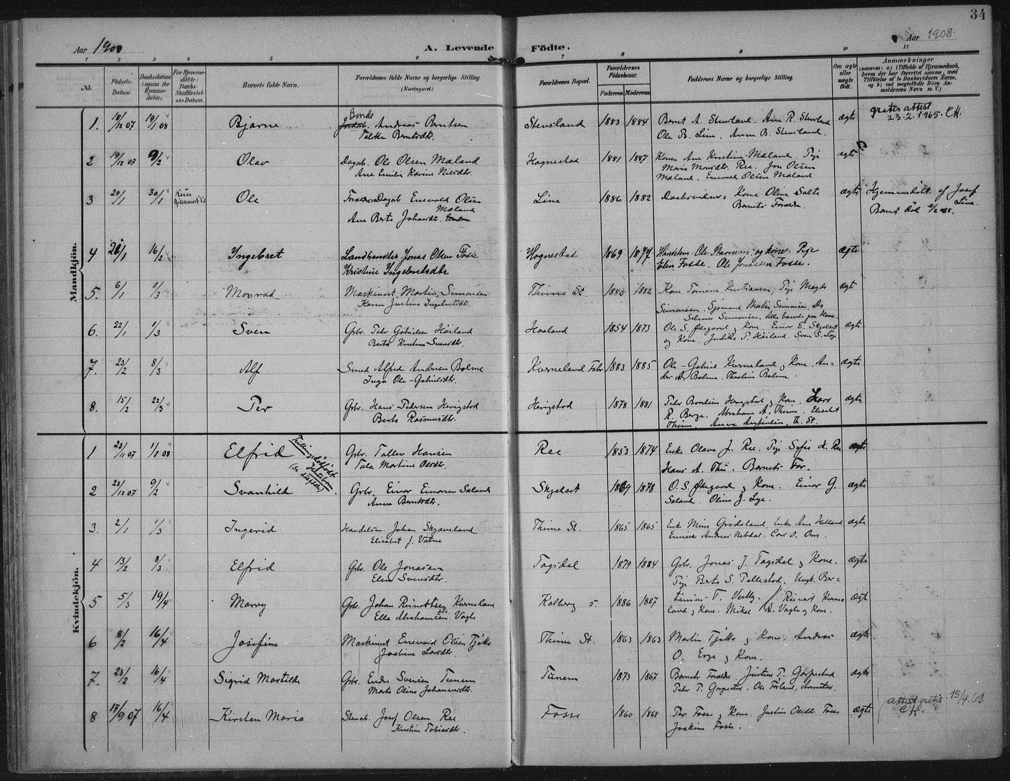 Lye sokneprestkontor, SAST/A-101794/002/A/L0001: Parish register (official) no. A 12, 1904-1920, p. 34