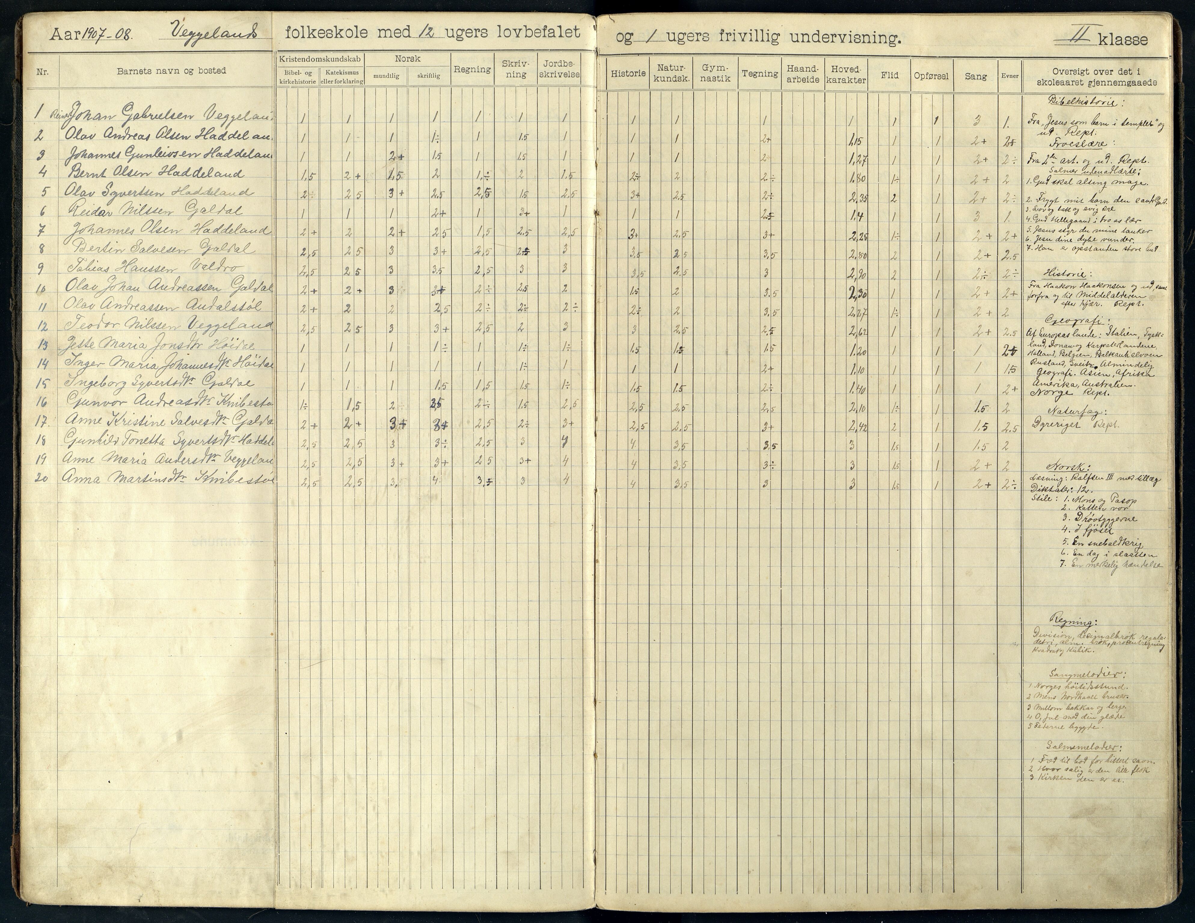 Fjotland kommune - Veggeland Skole, ARKSOR/1037FJ558/H/L0001: Skoleprotokoll, 1907-1919