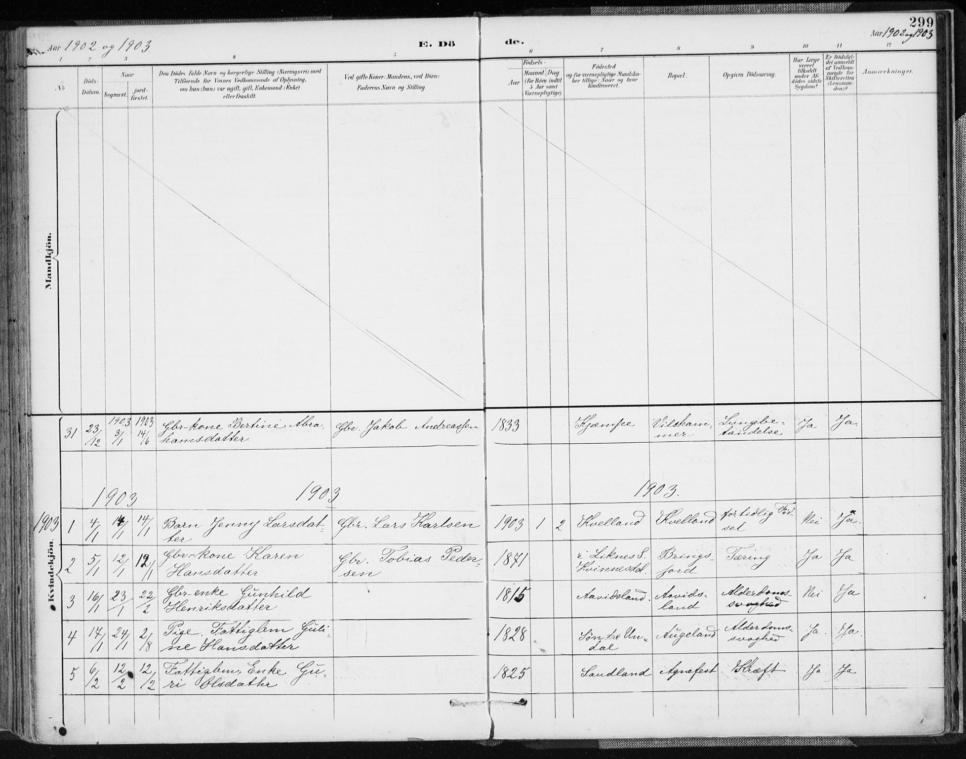 Lyngdal sokneprestkontor, SAK/1111-0029/F/Fa/Fac/L0012: Parish register (official) no. A 12, 1894-1918, p. 299