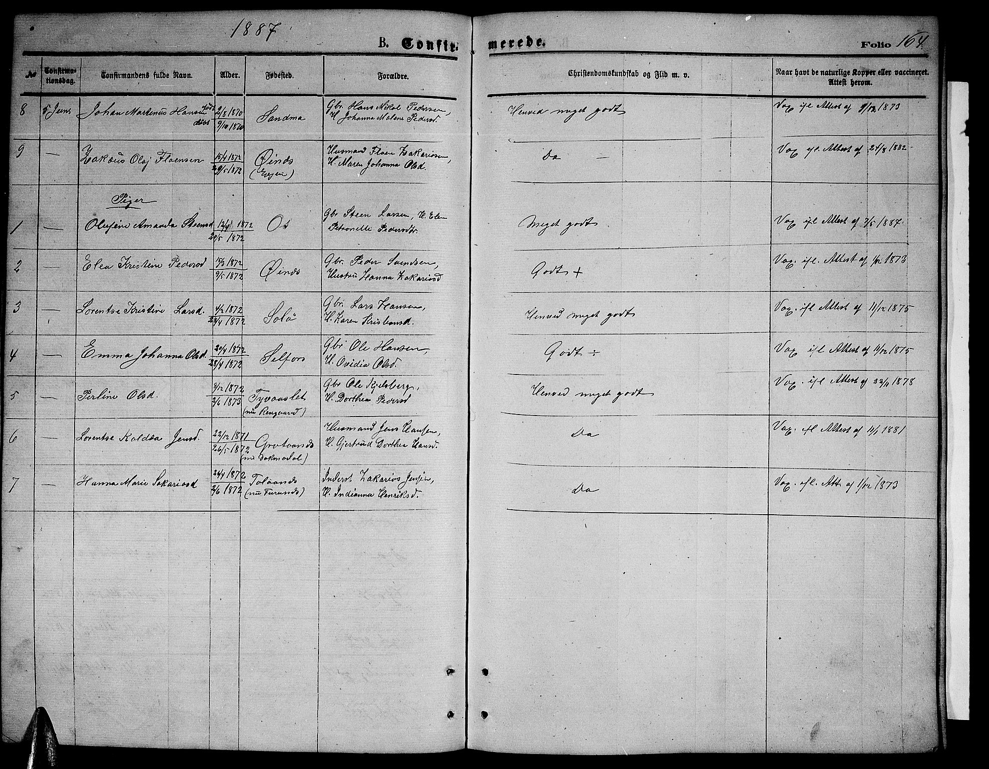 Ministerialprotokoller, klokkerbøker og fødselsregistre - Nordland, AV/SAT-A-1459/846/L0653: Parish register (copy) no. 846C03, 1872-1887, p. 164