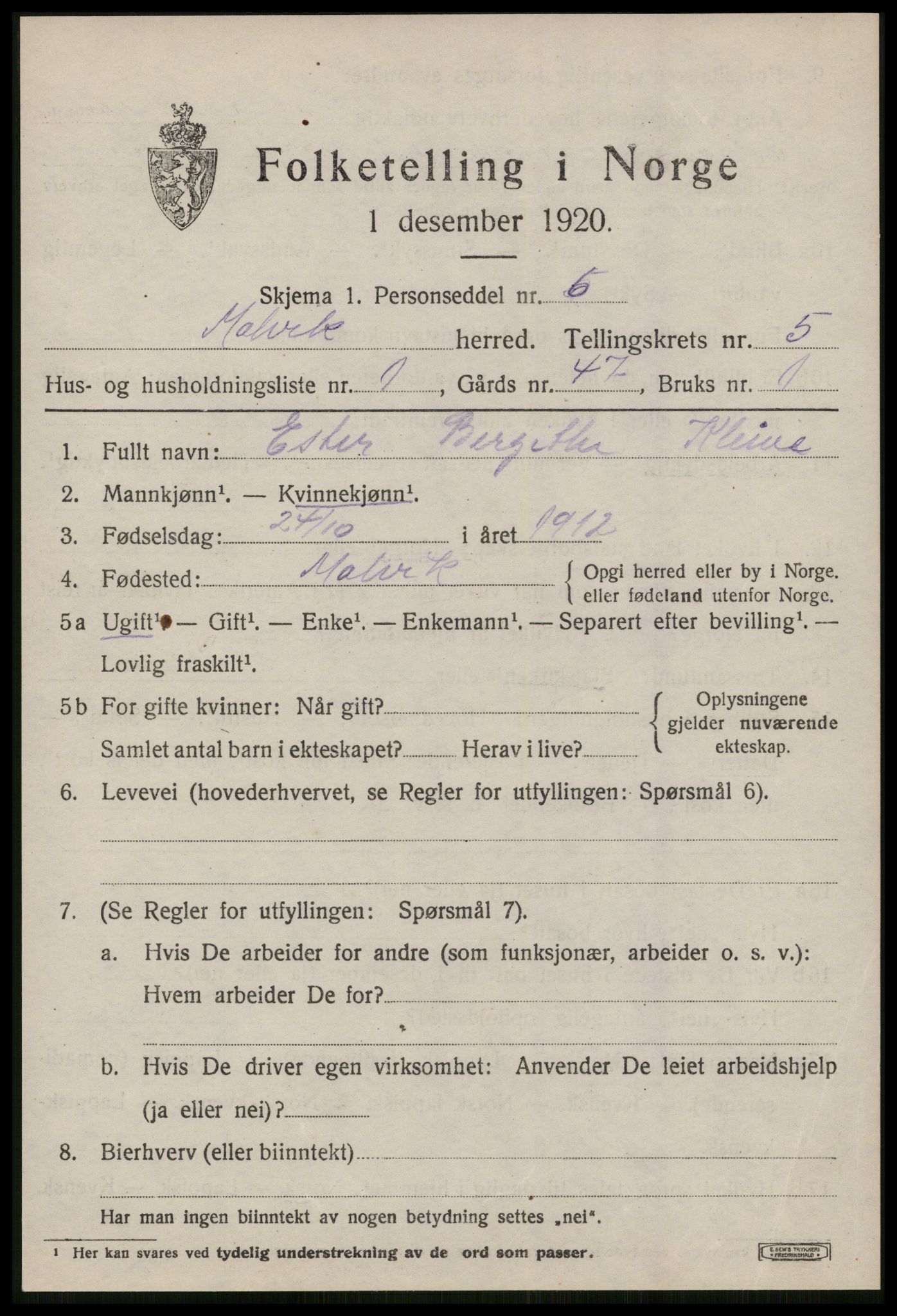 SAT, 1920 census for Malvik, 1920, p. 3190