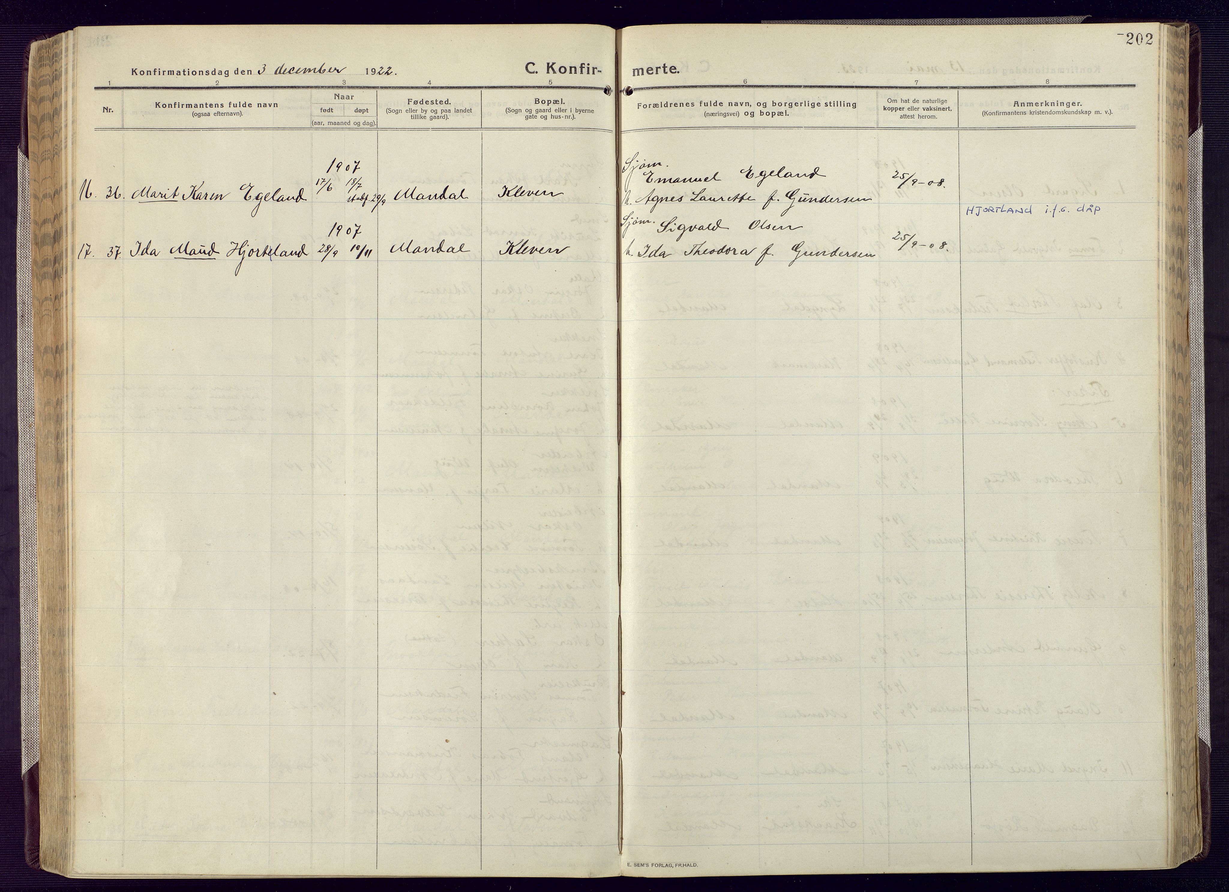 Mandal sokneprestkontor, AV/SAK-1111-0030/F/Fa/Fac/L0001: Parish register (official) no. A 1, 1913-1925, p. 202