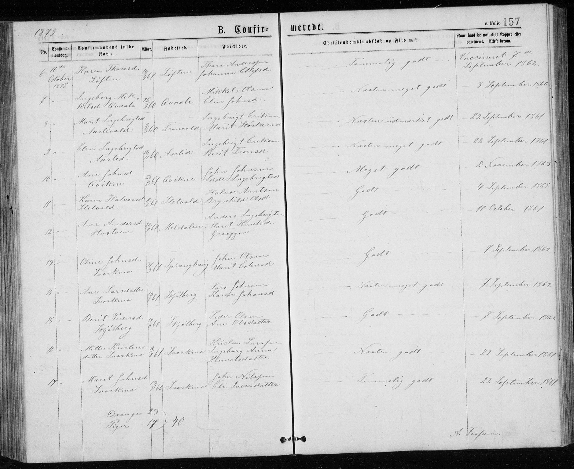 Ministerialprotokoller, klokkerbøker og fødselsregistre - Sør-Trøndelag, AV/SAT-A-1456/671/L0843: Parish register (copy) no. 671C02, 1873-1892, p. 157