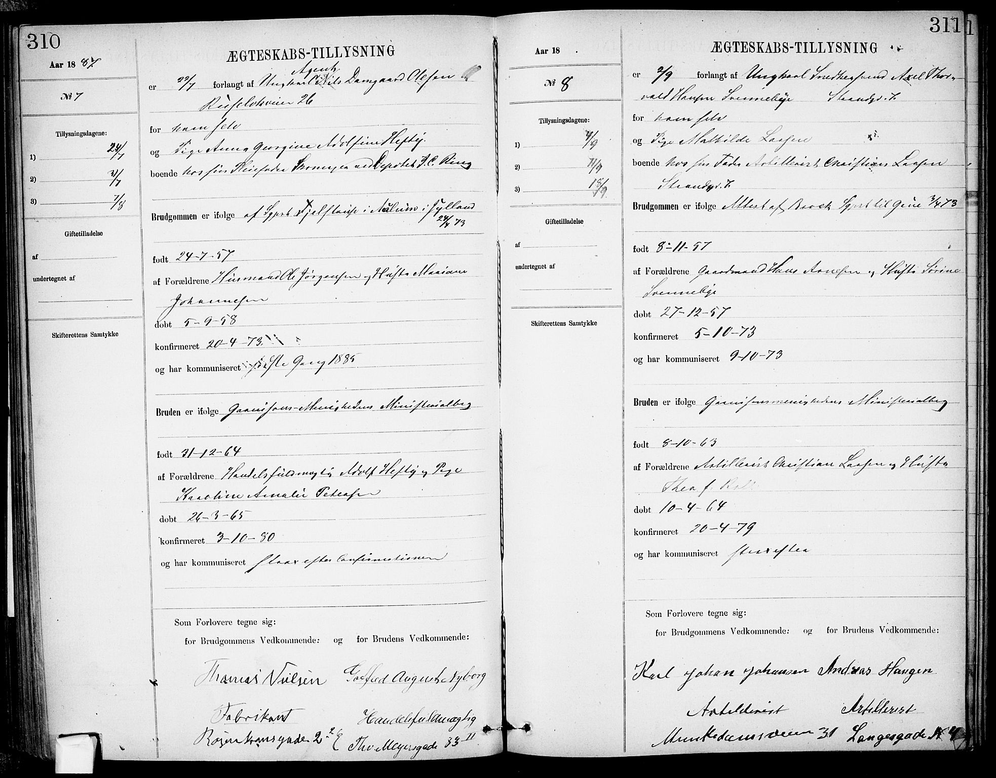 Garnisonsmenigheten Kirkebøker, AV/SAO-A-10846/H/Ha/L0007: Banns register no. I 7, 1872-1893, p. 310-311