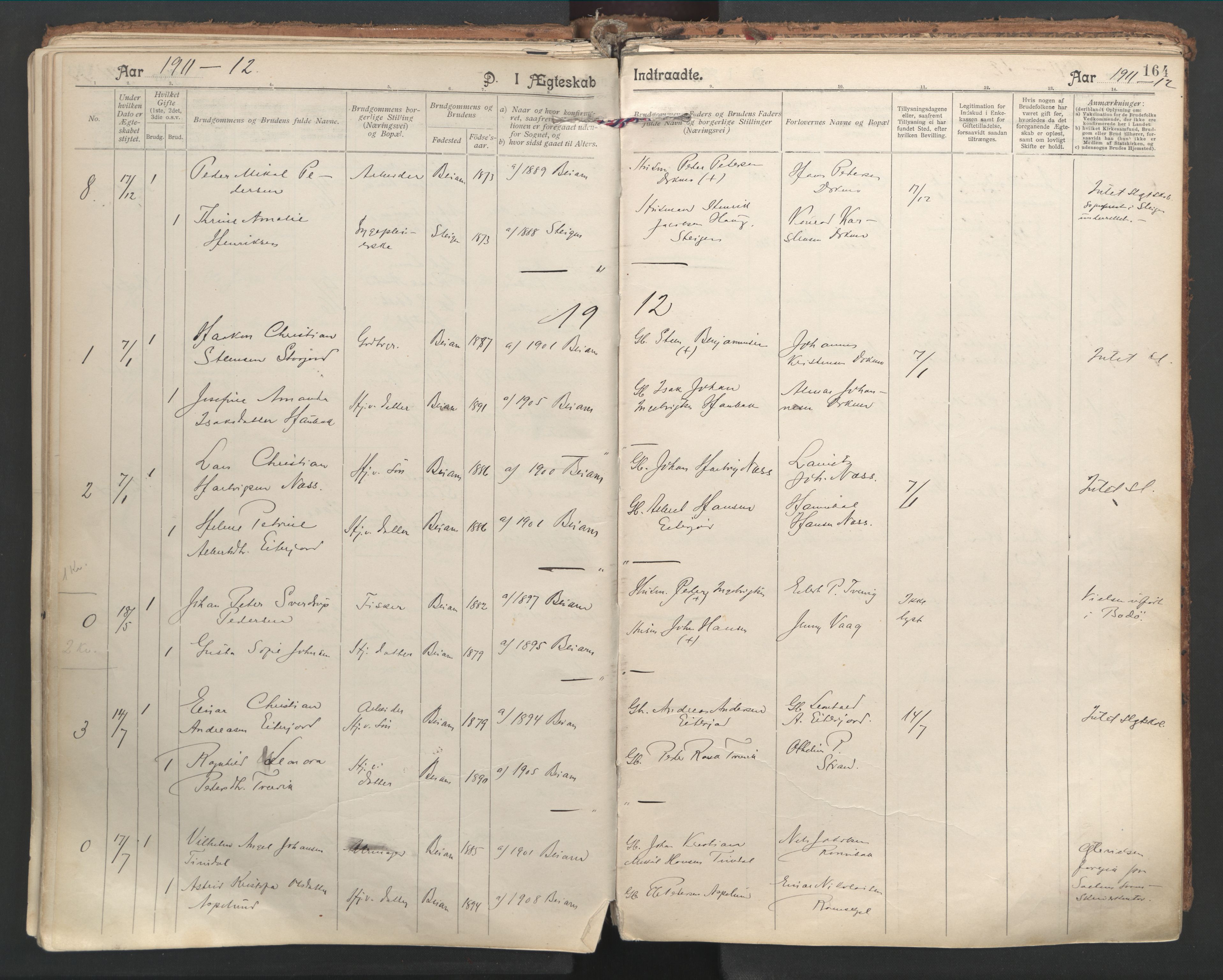 Ministerialprotokoller, klokkerbøker og fødselsregistre - Nordland, SAT/A-1459/846/L0647: Parish register (official) no. 846A05, 1902-1915, p. 164
