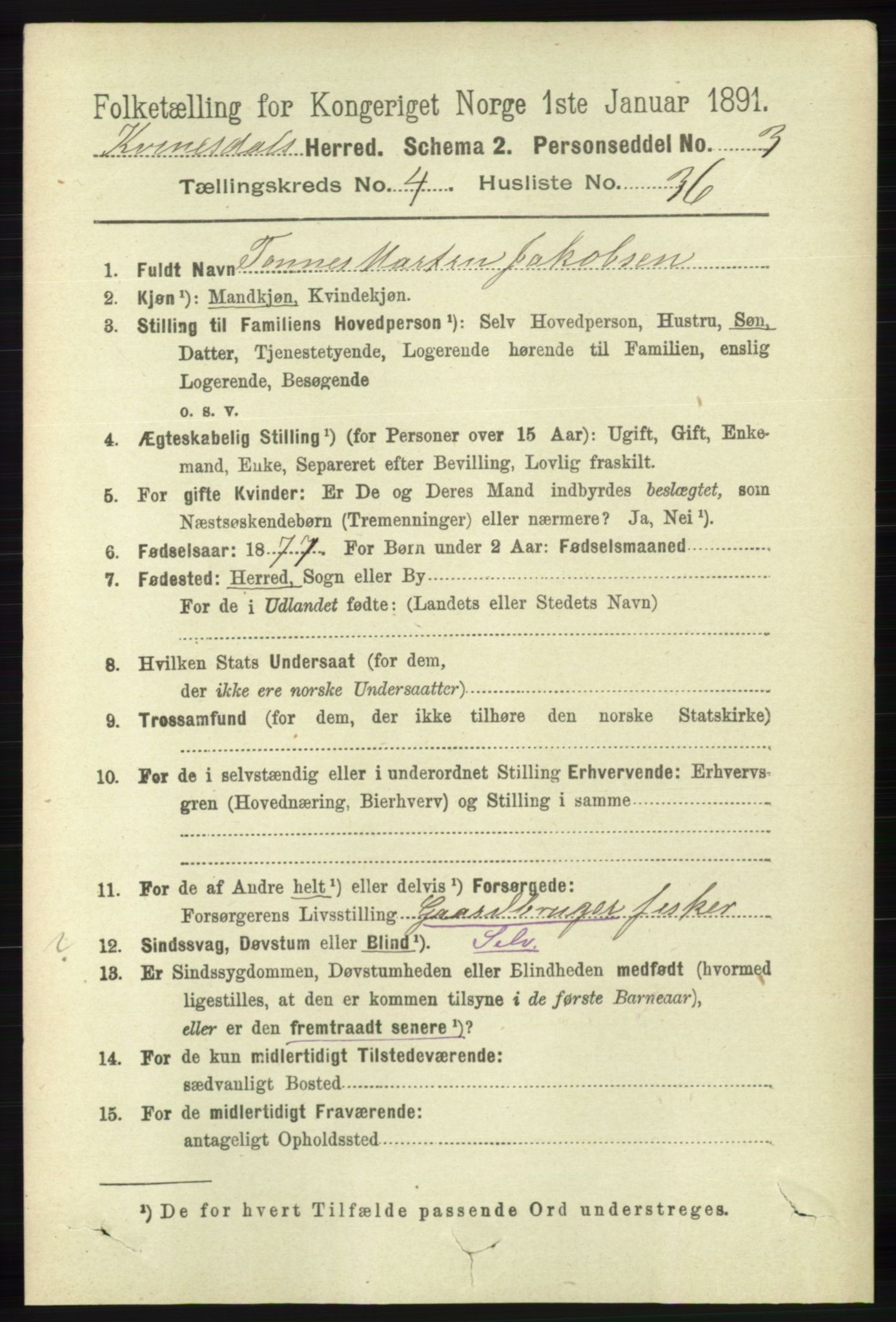 RA, 1891 census for 1037 Kvinesdal, 1891, p. 1618