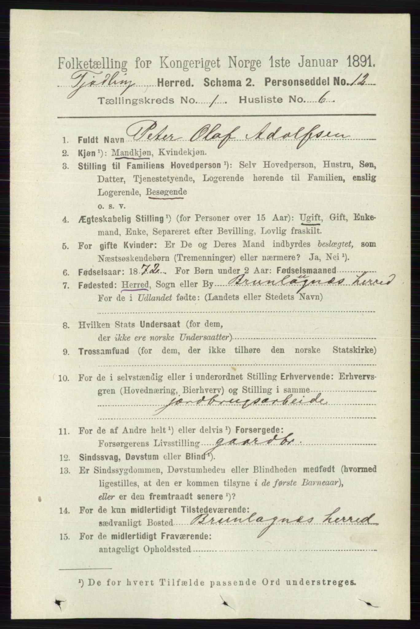 RA, 1891 census for 0725 Tjølling, 1891, p. 135