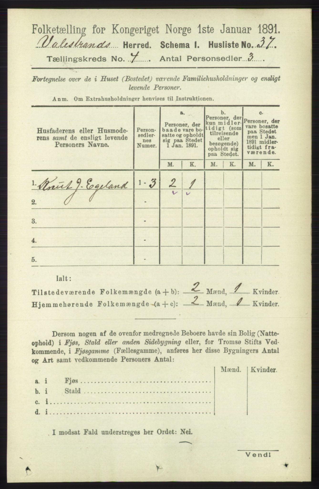 RA, 1891 census for 1217 Valestrand, 1891, p. 867