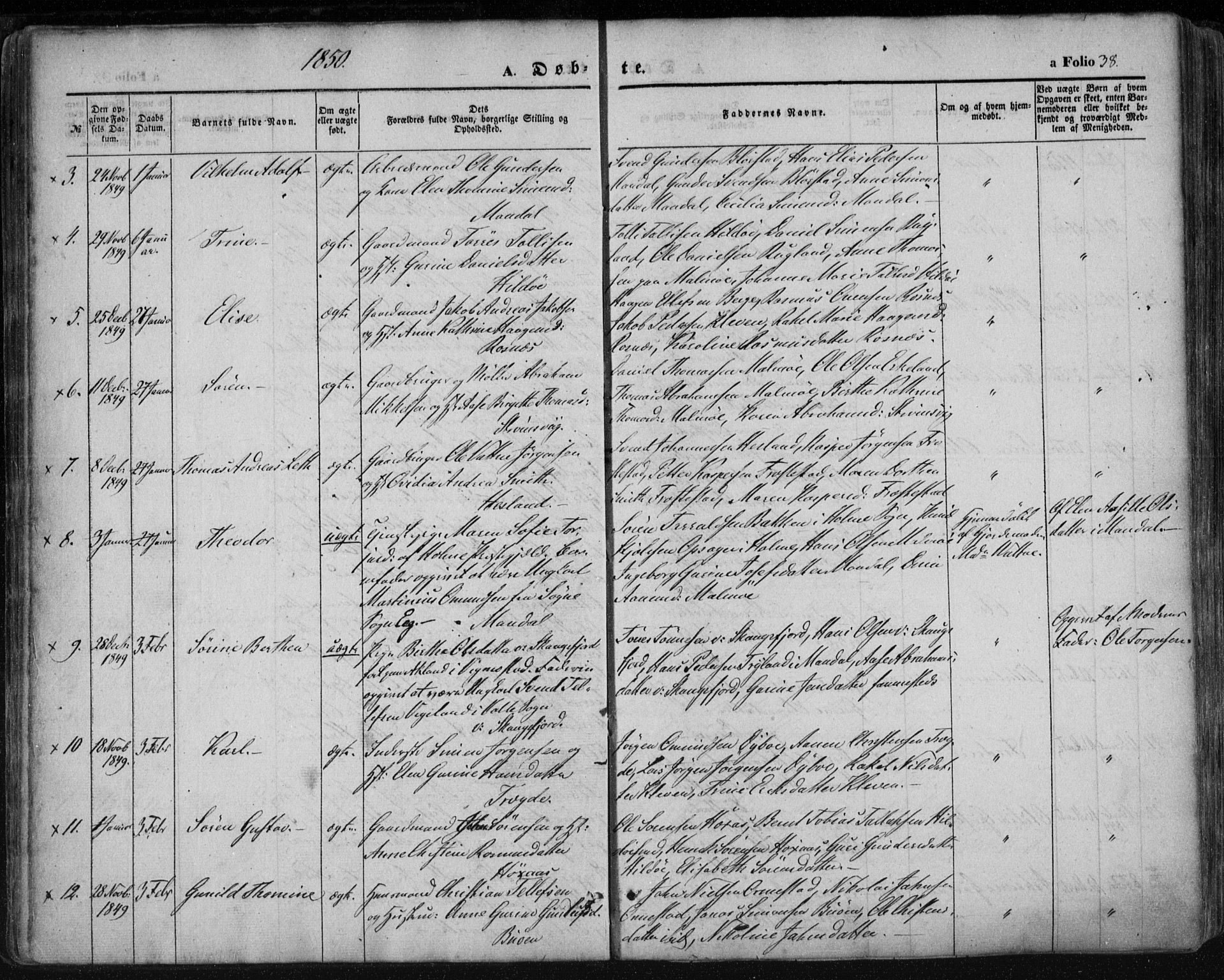 Mandal sokneprestkontor, SAK/1111-0030/F/Fa/Faa/L0013: Parish register (official) no. A 13, 1847-1859, p. 38