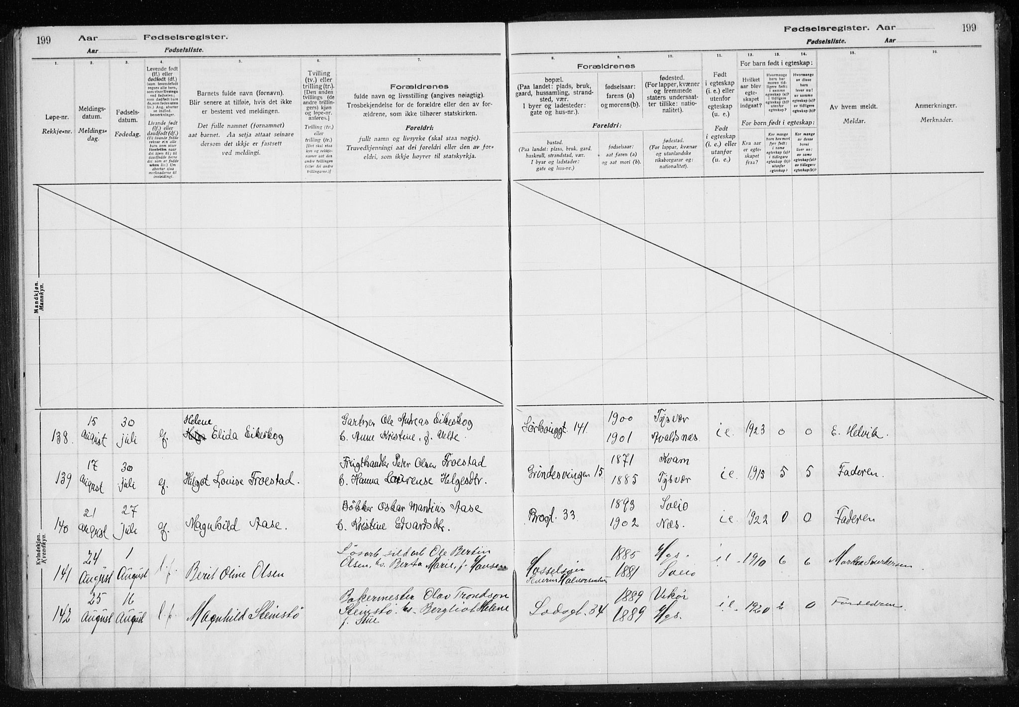 Haugesund sokneprestkontor, AV/SAST-A -101863/I/Id/L0004: Birth register no. 2, 1919-1923, p. 199