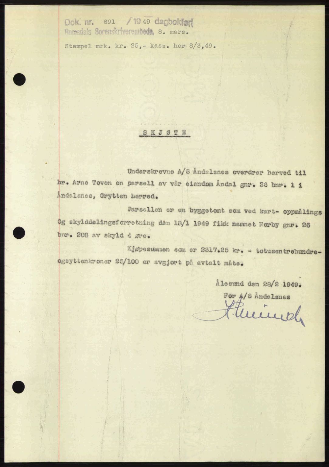 Romsdal sorenskriveri, AV/SAT-A-4149/1/2/2C: Mortgage book no. A29, 1949-1949, Diary no: : 691/1949