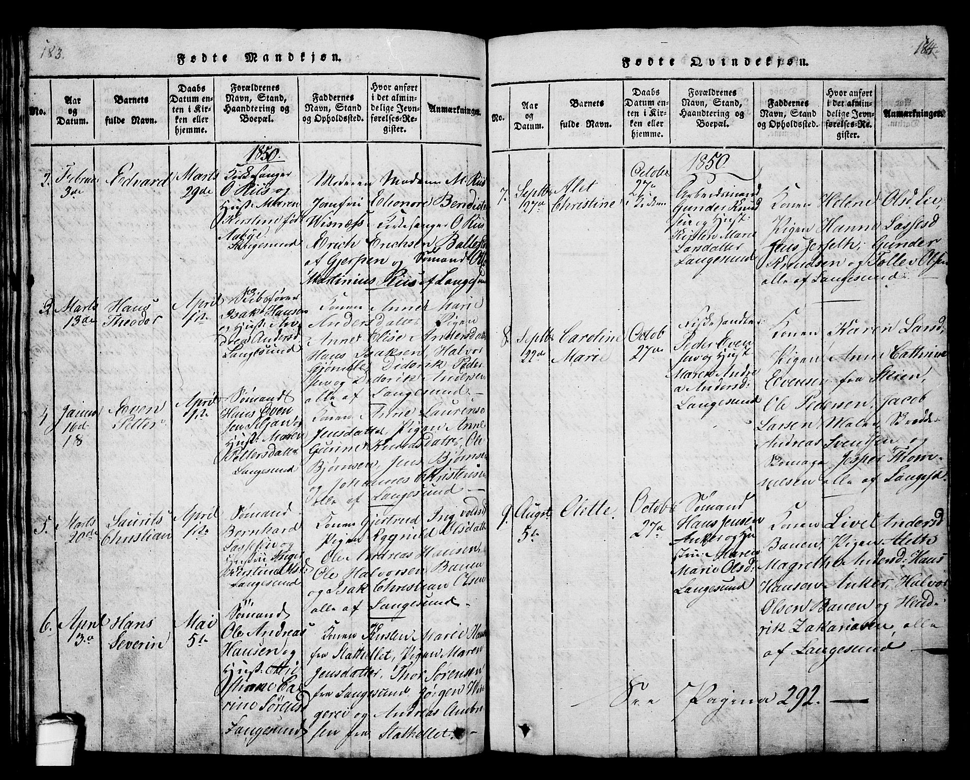 Langesund kirkebøker, SAKO/A-280/G/Ga/L0003: Parish register (copy) no. 3, 1815-1858, p. 183-184
