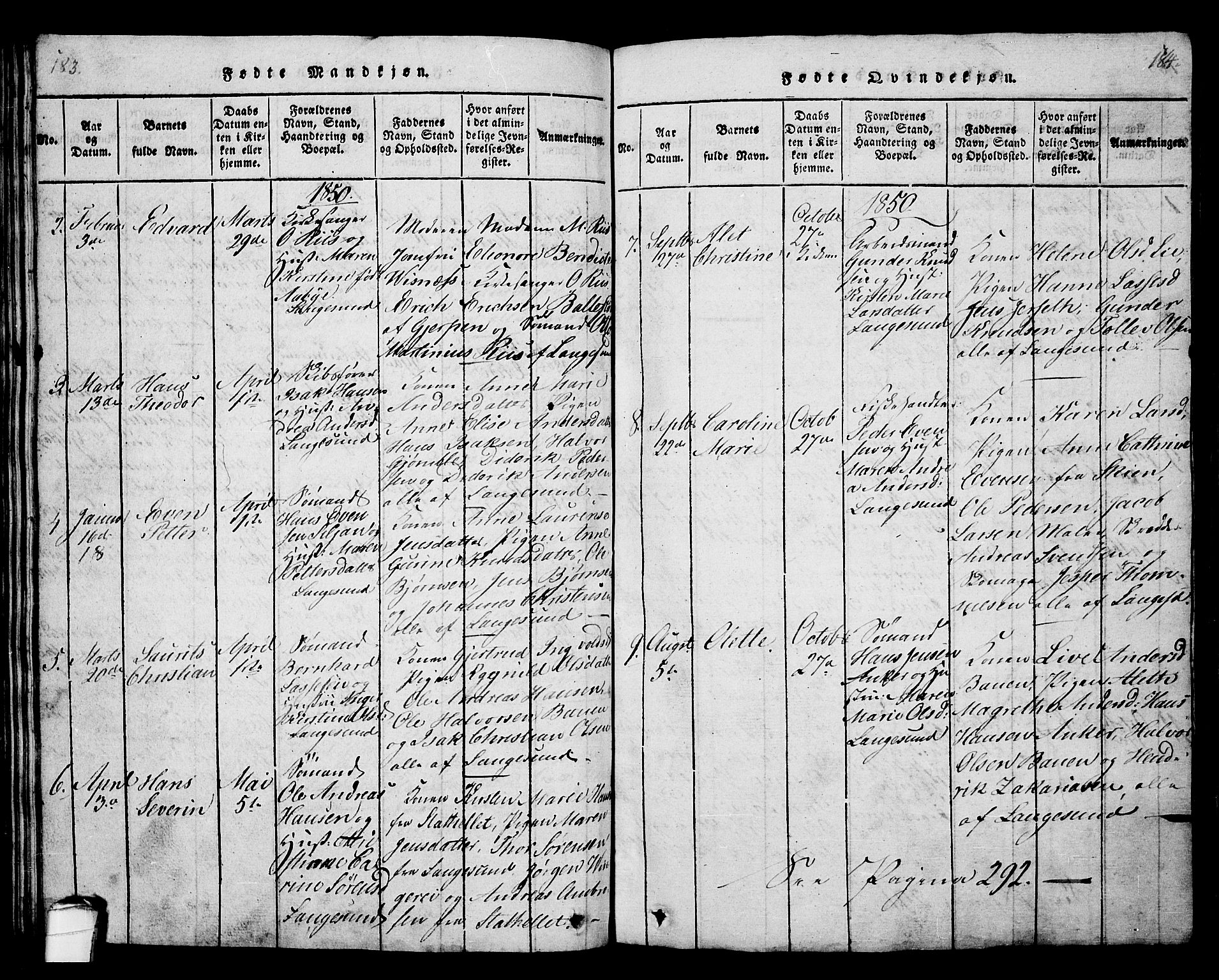 Langesund kirkebøker, AV/SAKO-A-280/G/Ga/L0003: Parish register (copy) no. 3, 1815-1858, p. 183-184