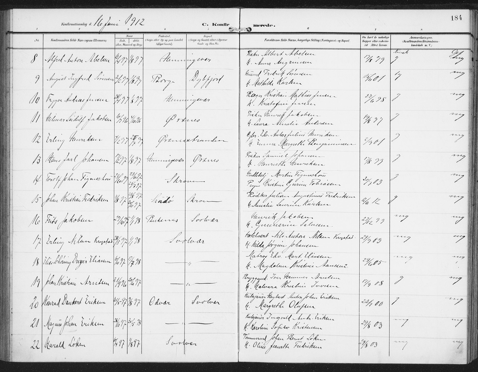 Ministerialprotokoller, klokkerbøker og fødselsregistre - Nordland, AV/SAT-A-1459/874/L1063: Parish register (official) no. 874A07, 1907-1915, p. 184