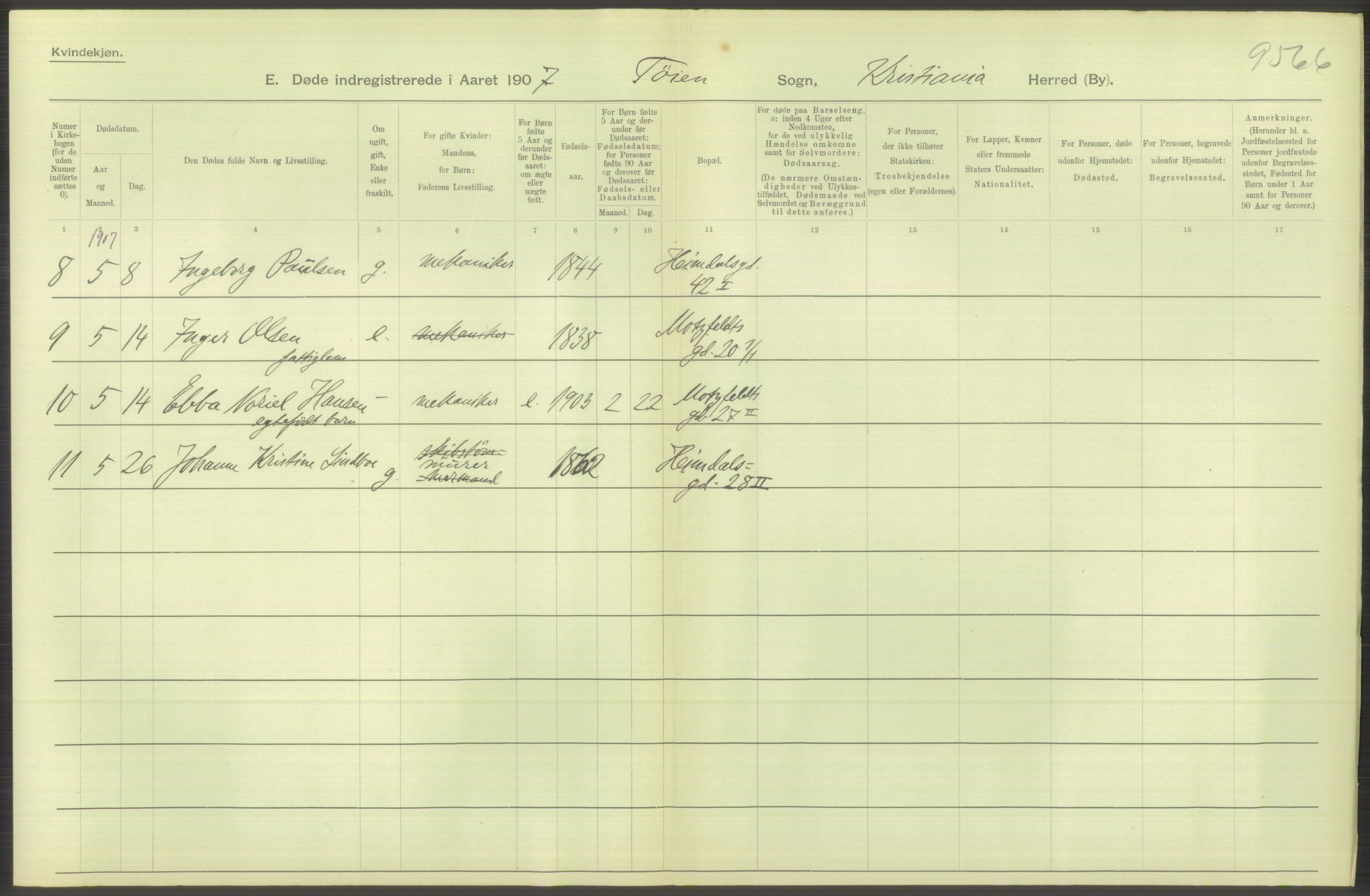 Statistisk sentralbyrå, Sosiodemografiske emner, Befolkning, RA/S-2228/D/Df/Dfa/Dfae/L0009: Kristiania: Døde, 1907, p. 562