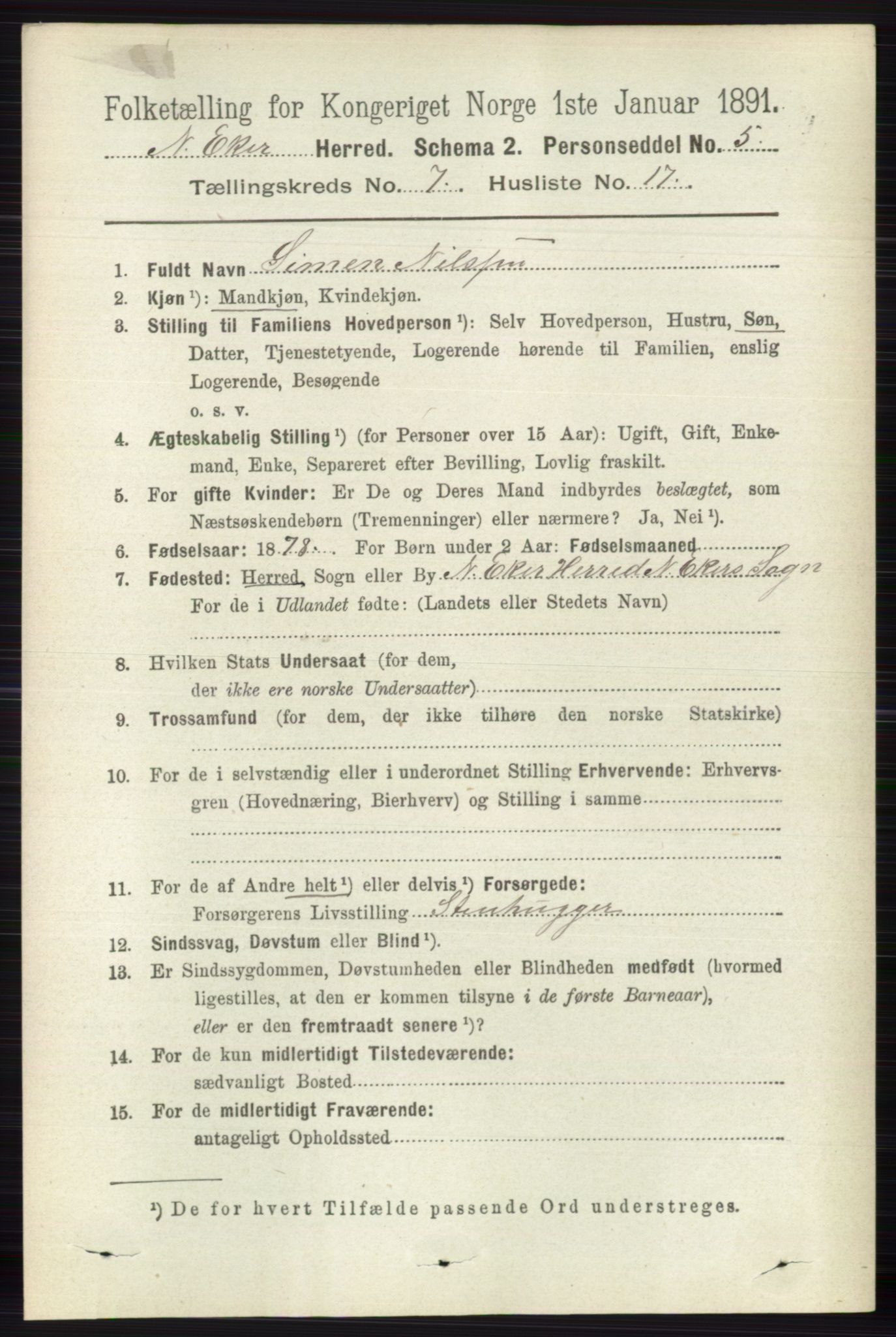 RA, 1891 census for 0625 Nedre Eiker, 1891, p. 3503