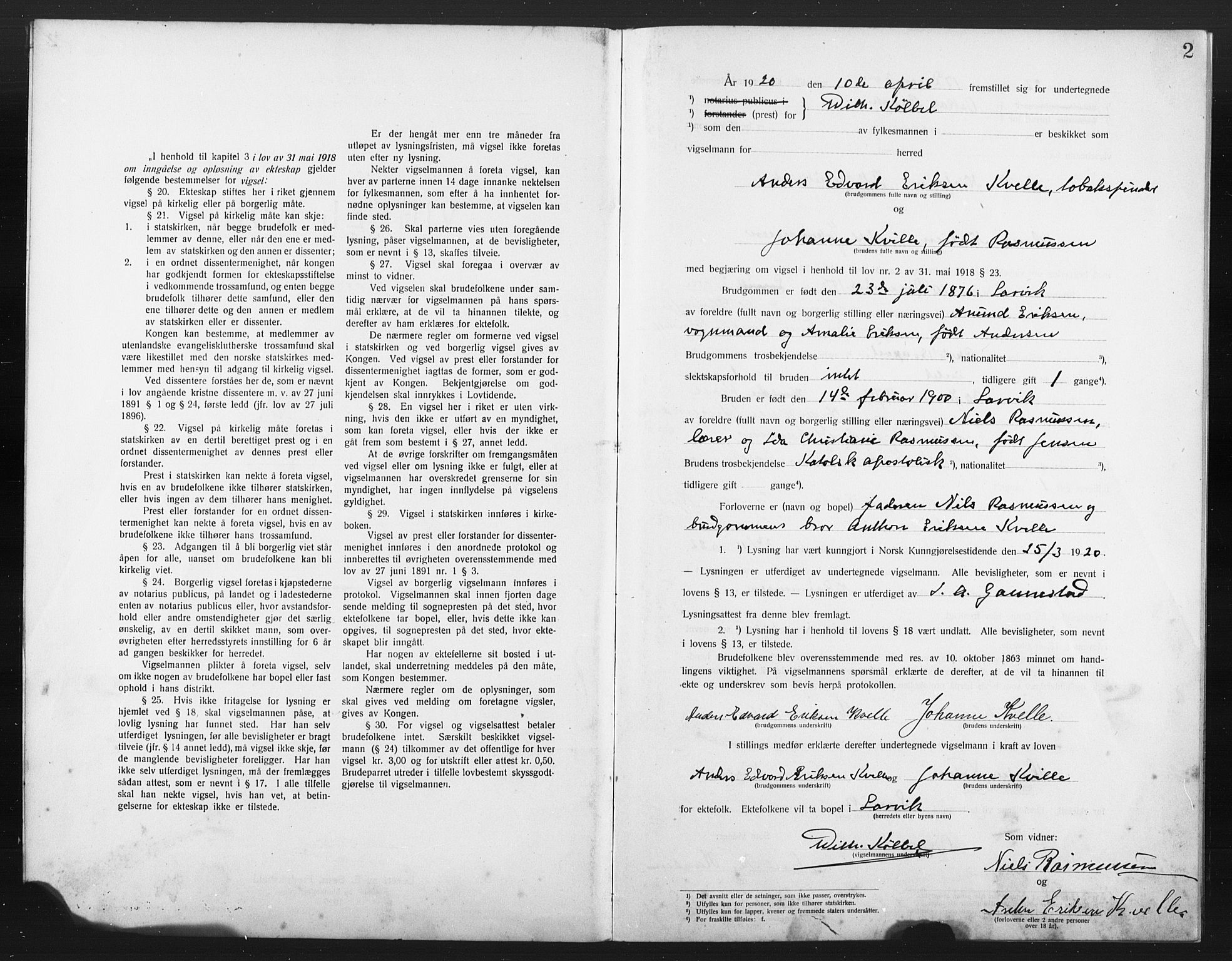 Den katolsk-apostoliske menighet i Larvik, SAKO/P-953/H/Ha/L0002: Dissenter register no. 2, 1920-1922, p. 2