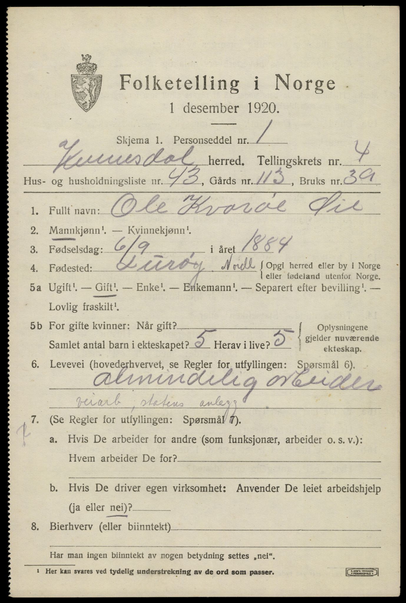 SAK, 1920 census for Kvinesdal, 1920, p. 4881