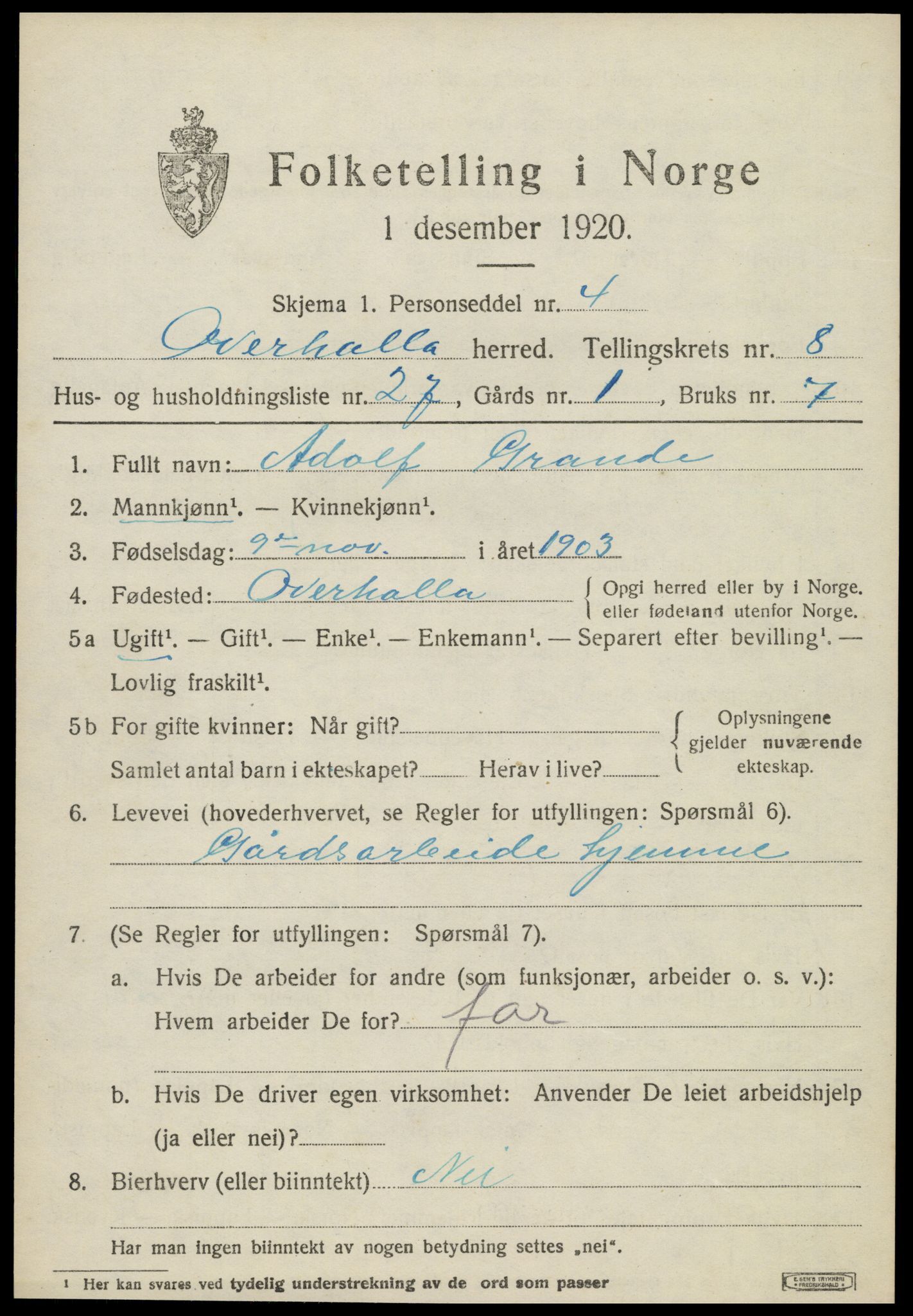 SAT, 1920 census for Overhalla, 1920, p. 5782