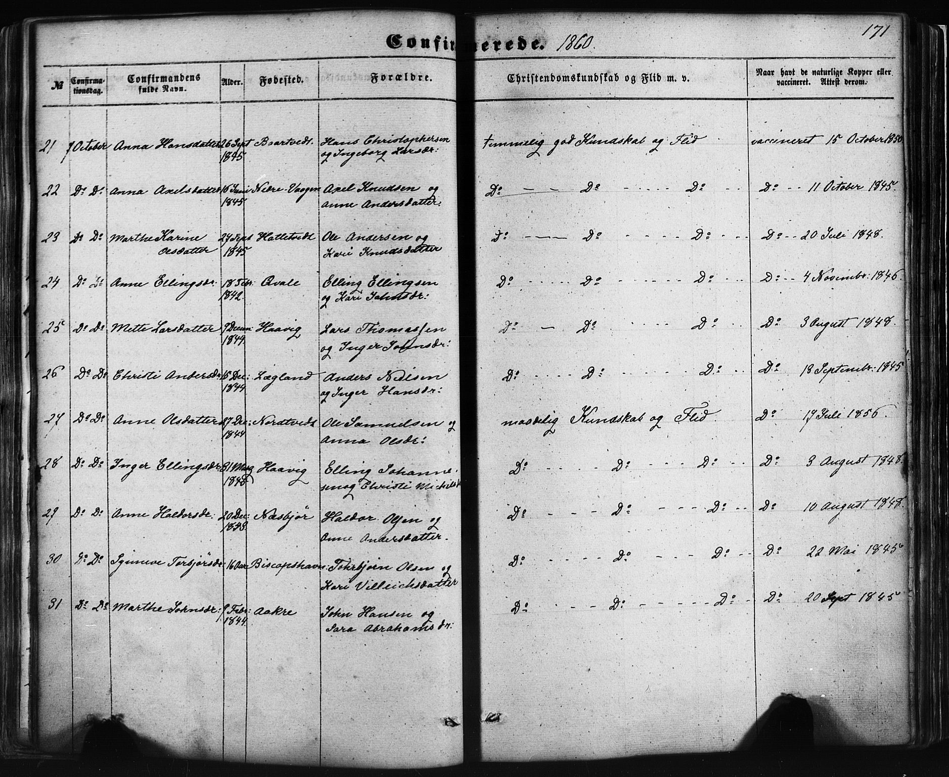 Fusa sokneprestembete, SAB/A-75401/H/Haa: Parish register (official) no. A 1I, 1855-1879, p. 171