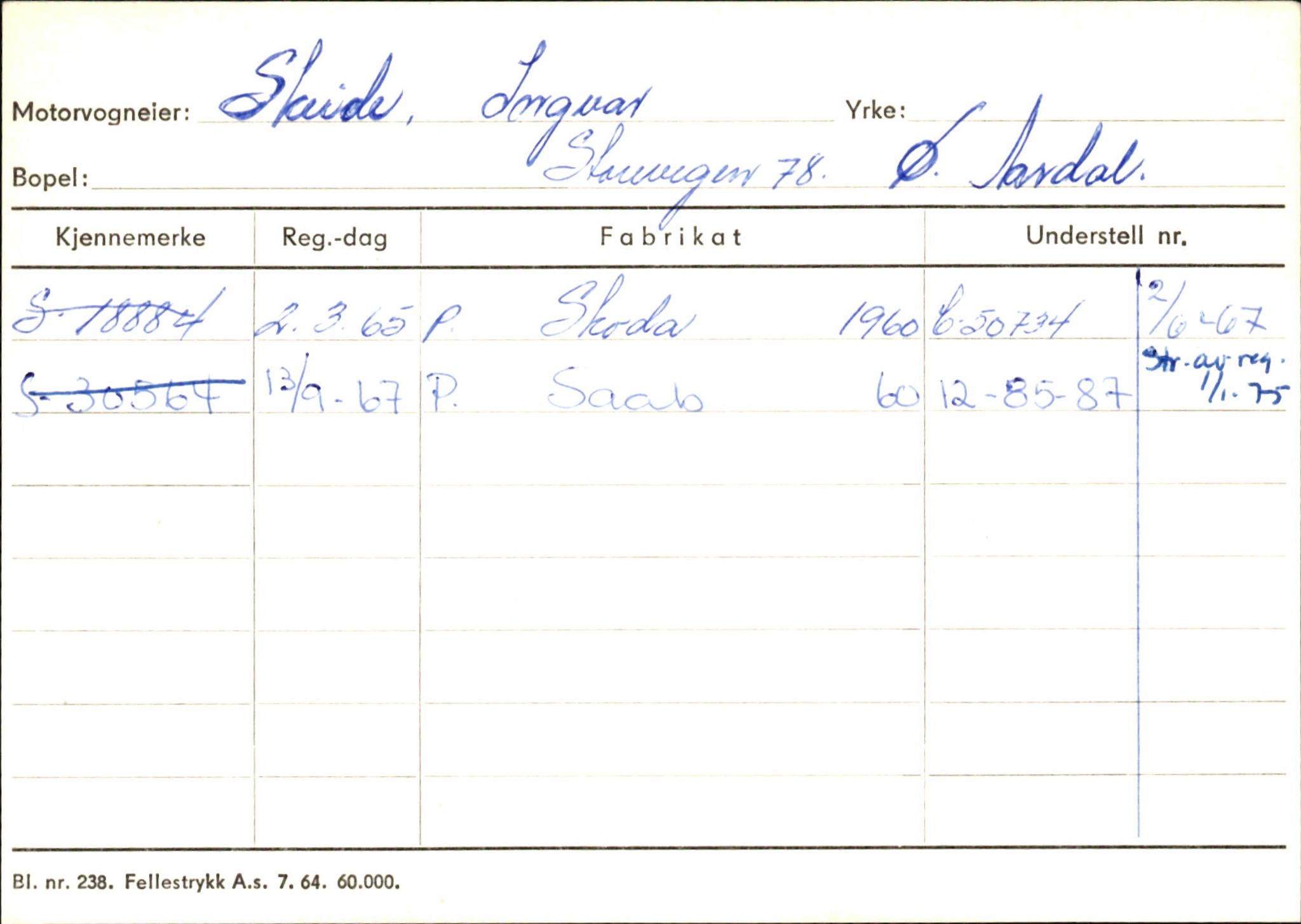 Statens vegvesen, Sogn og Fjordane vegkontor, SAB/A-5301/4/F/L0146: Registerkort Årdal R-Å samt diverse kort, 1945-1975, p. 344