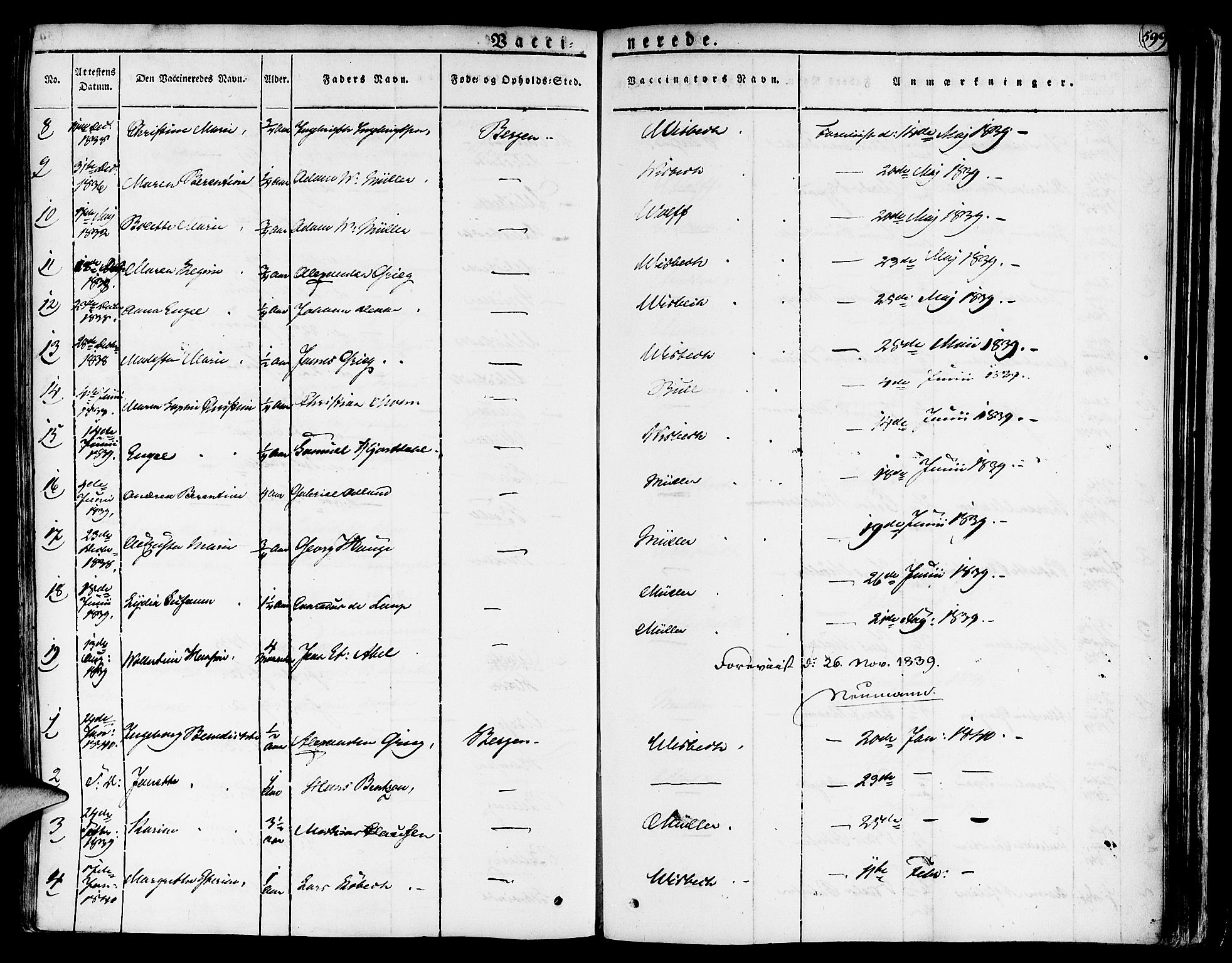 Nykirken Sokneprestembete, AV/SAB-A-77101/H/Haa/L0012: Parish register (official) no. A 12, 1821-1844, p. 599