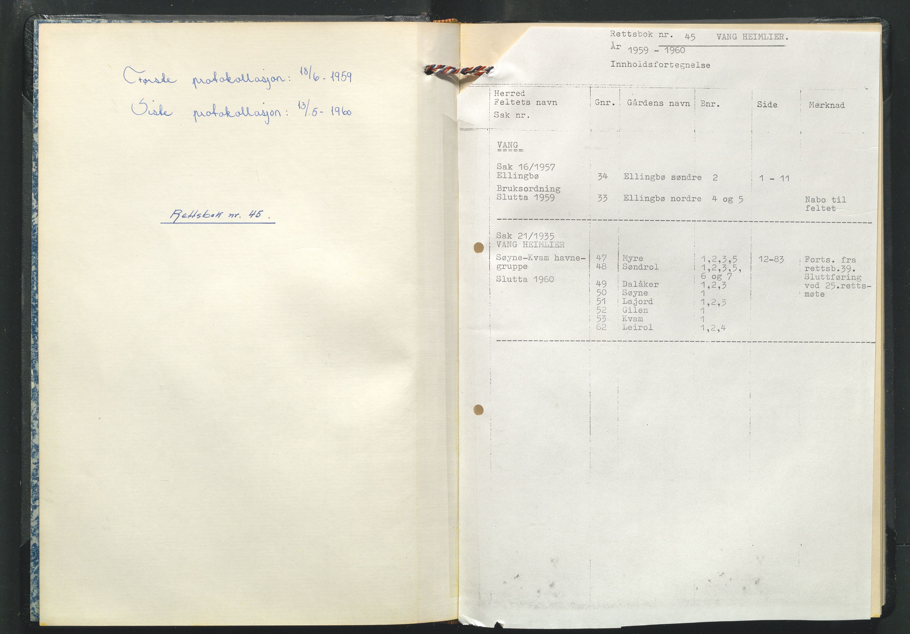 Valdres jordskifterett, AV/SAH-JORDSKIFTEO-003/G/Ga/L0004/0002: Rettsbøker / Rettsbok - protokoll nr. 45, 1959-1960