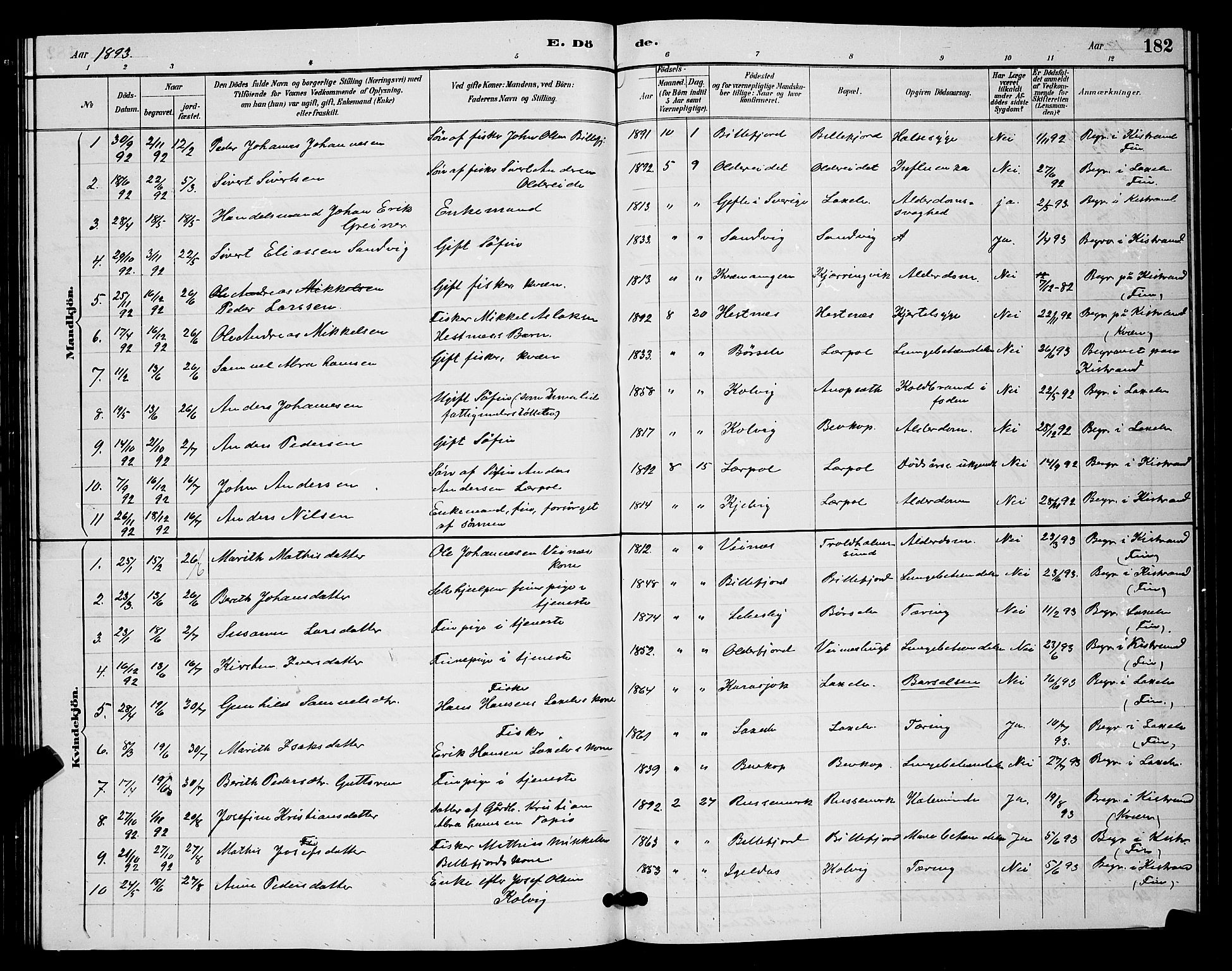 Kistrand/Porsanger sokneprestembete, SATØ/S-1351/H/Hb/L0004.klokk: Parish register (copy) no. 4, 1885-1894, p. 182