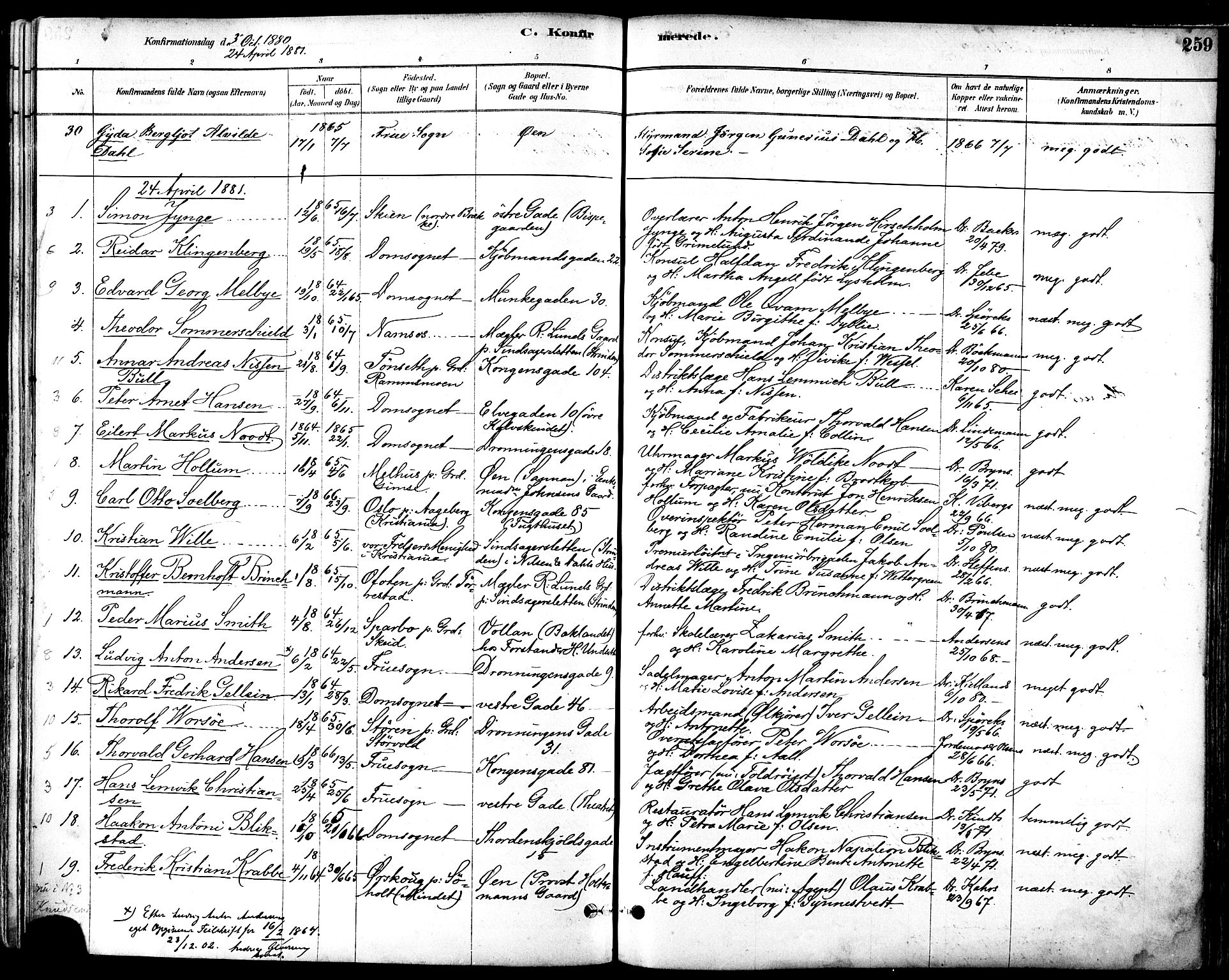 Ministerialprotokoller, klokkerbøker og fødselsregistre - Sør-Trøndelag, SAT/A-1456/601/L0057: Parish register (official) no. 601A25, 1877-1891, p. 259
