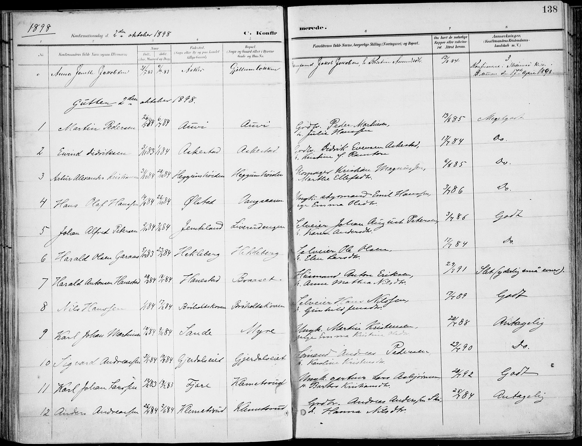 Røyken kirkebøker, SAKO/A-241/F/Fa/L0009: Parish register (official) no. 9, 1898-1911, p. 138