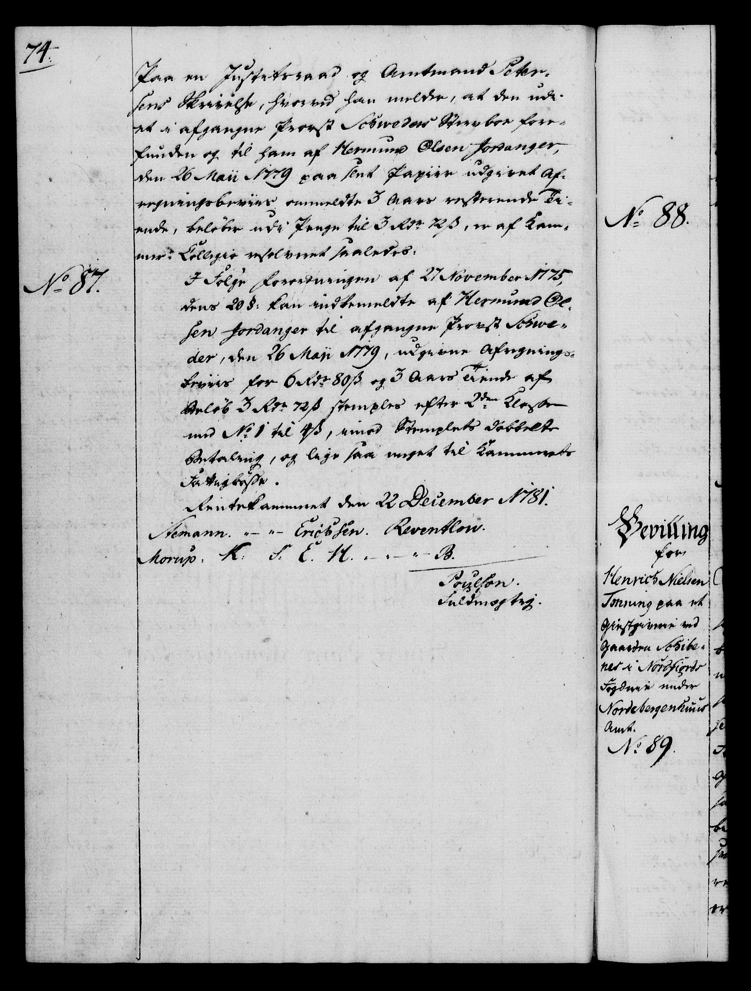 Rentekammeret, Kammerkanselliet, RA/EA-3111/G/Gg/Gga/L0012: Norsk ekspedisjonsprotokoll med register (merket RK 53.12), 1781-1783, p. 74