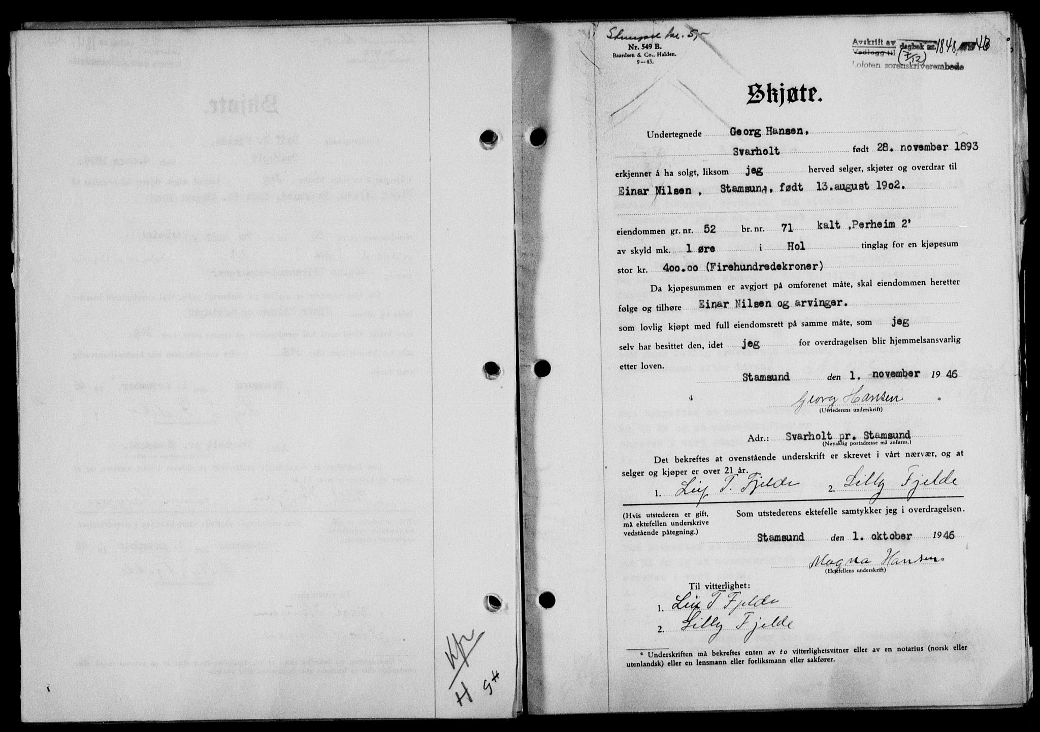 Lofoten sorenskriveri, SAT/A-0017/1/2/2C/L0015a: Mortgage book no. 15a, 1946-1947, Diary no: : 1848/1946