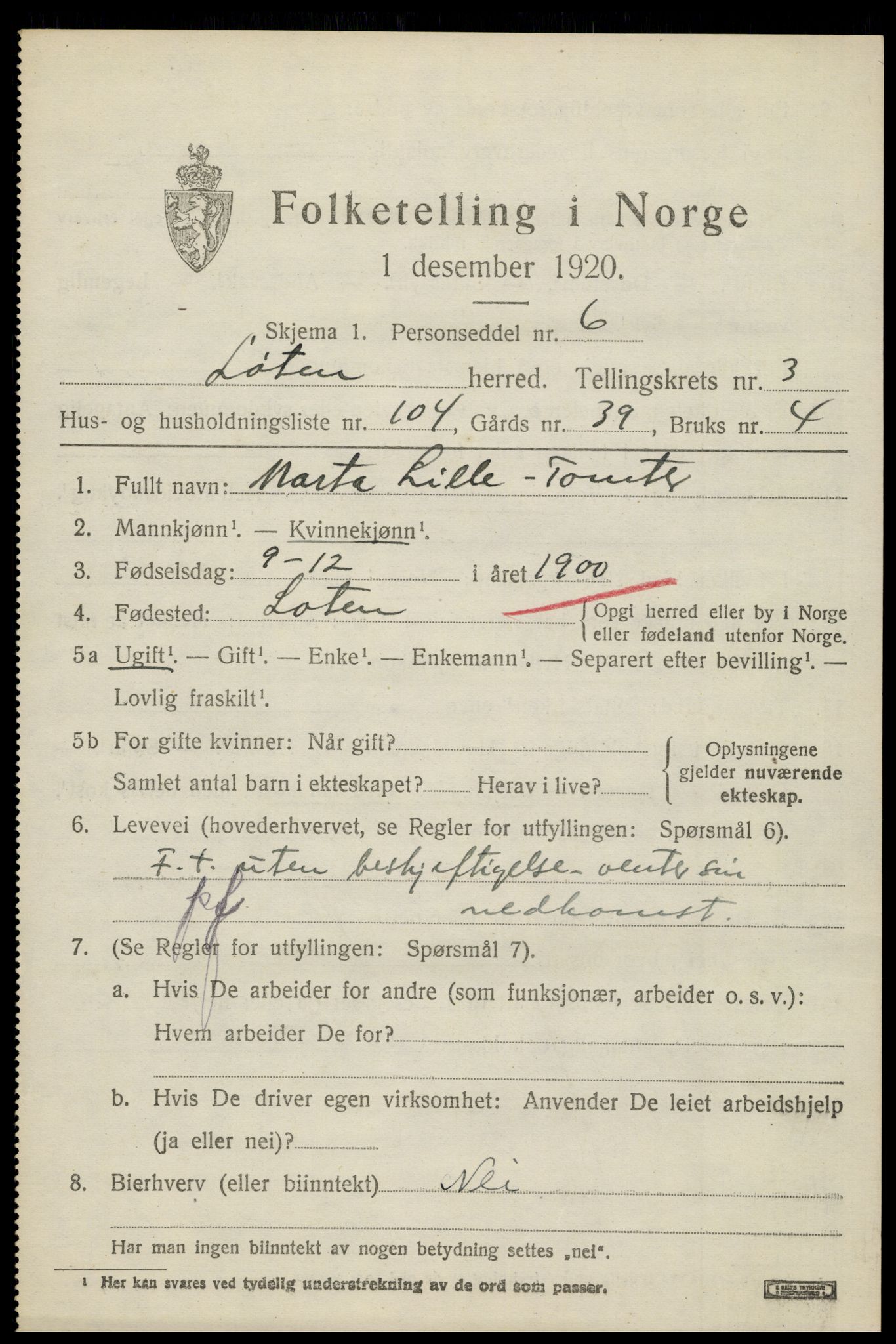 SAH, 1920 census for Løten, 1920, p. 8433