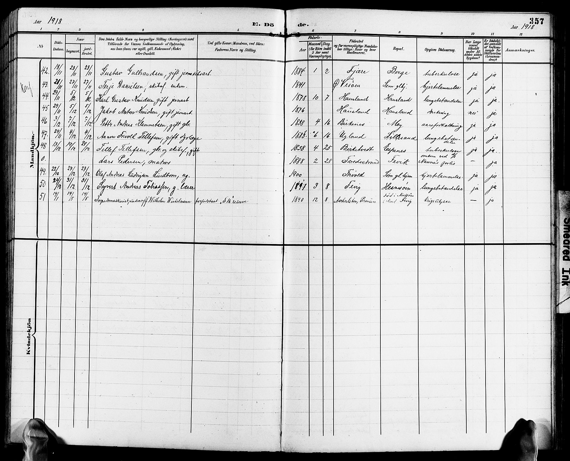 Fjære sokneprestkontor, AV/SAK-1111-0011/F/Fb/L0012: Parish register (copy) no. B 12, 1902-1925, p. 357