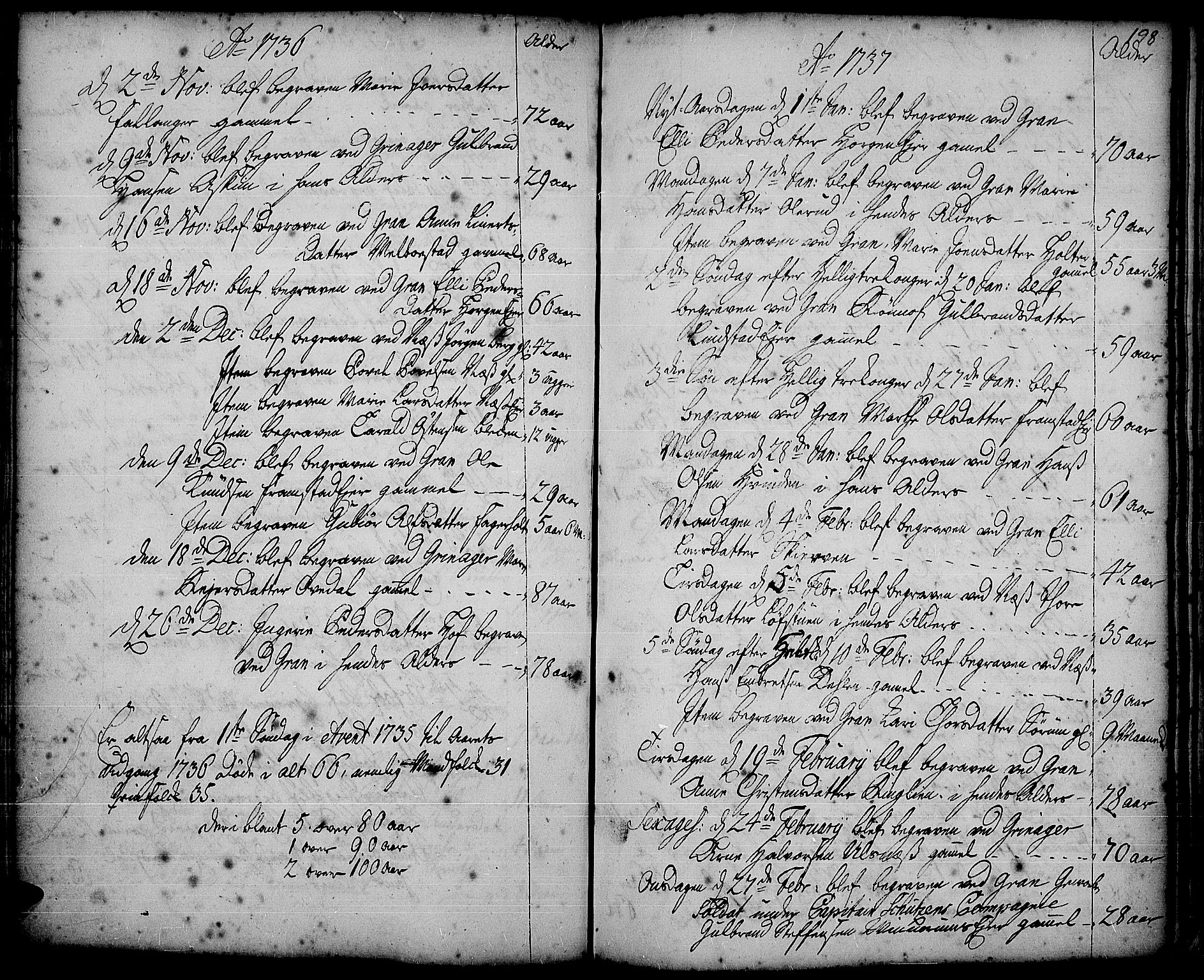 Gran prestekontor, SAH/PREST-112/H/Ha/Haa/L0002: Parish register (official) no. 2, 1732-1744, p. 198